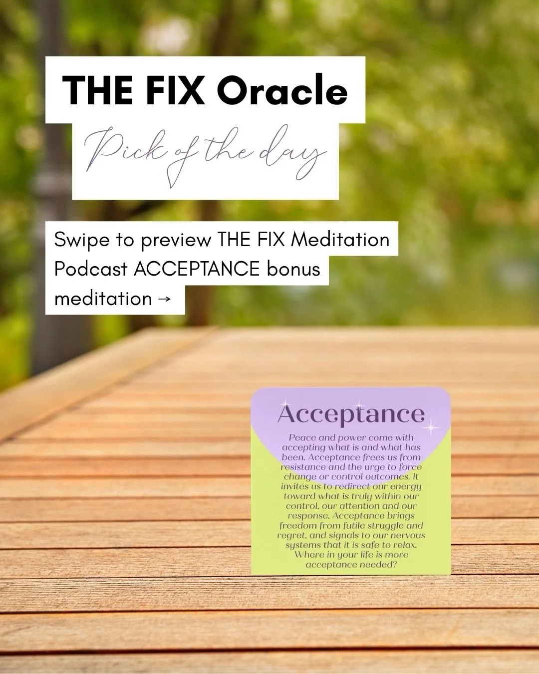 ✨🔮🧘🏻&zwj;♀️ THE FIX Oracle Pick of the Day is ACCEPTANCE!

Your wellness practice doesn&rsquo;t need more effort&mdash;it needs more alignment with your intuition. THE FIX Oracle Deck is designed to help you do exactly that!

A pocket-sized toolki