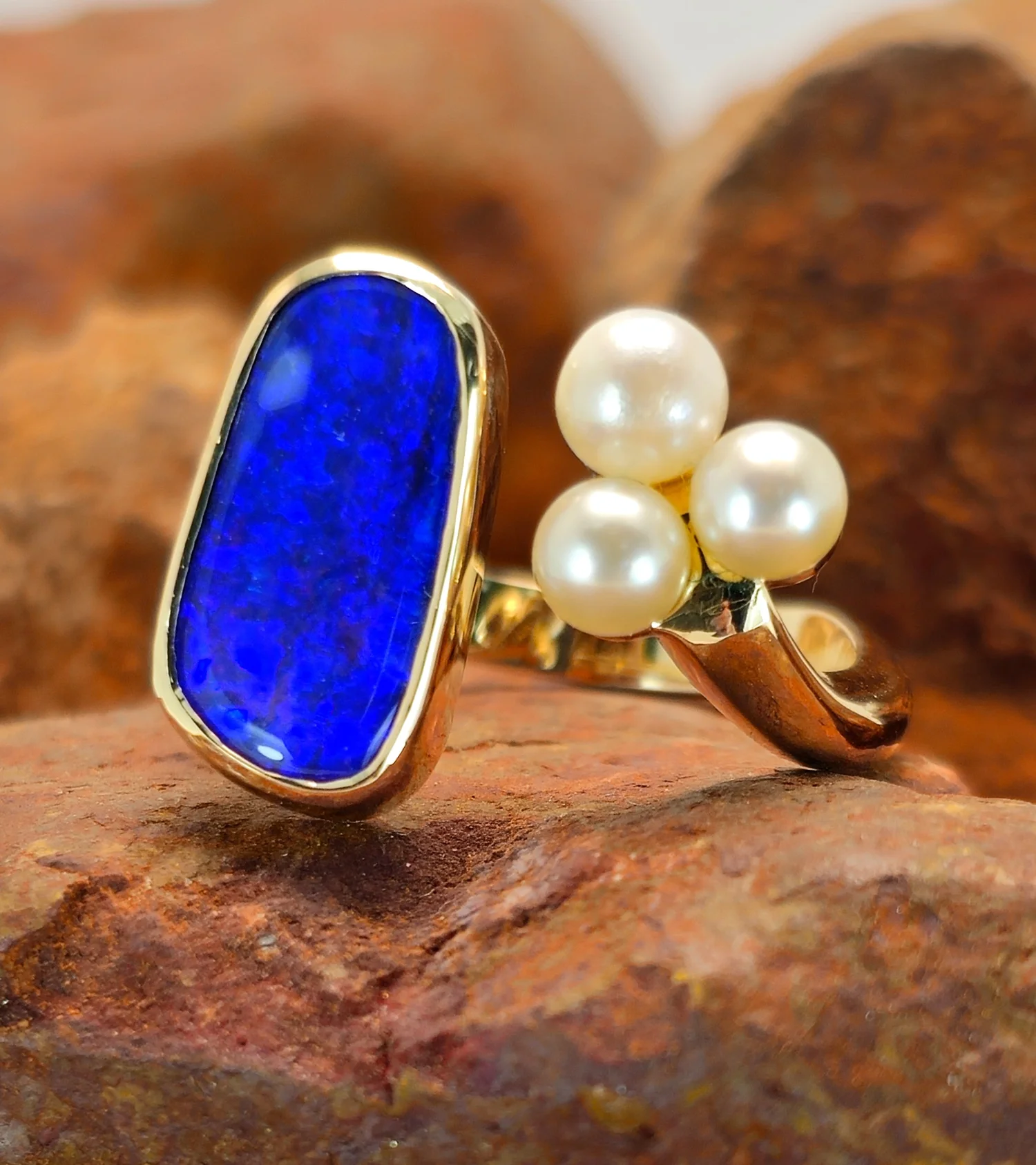 Natural Australian Boulder Opal Cultured Pearl adjustable ring - Main Image