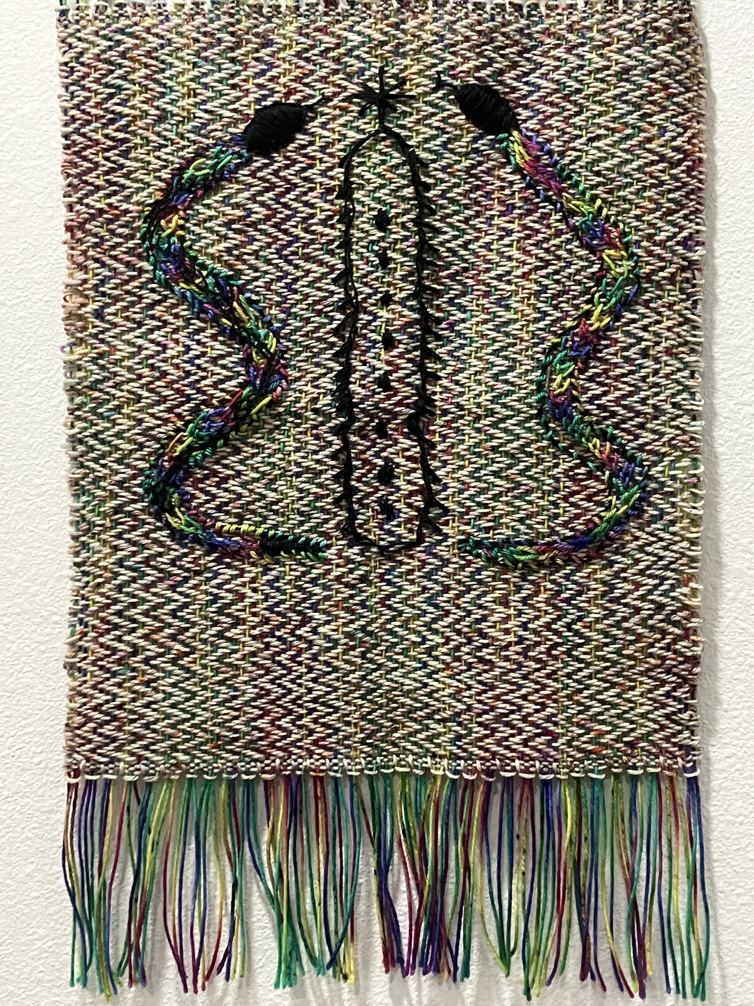 Damballah. Cotton yarn and merino wool with hand embroidery. 12in x 20in. 2023.