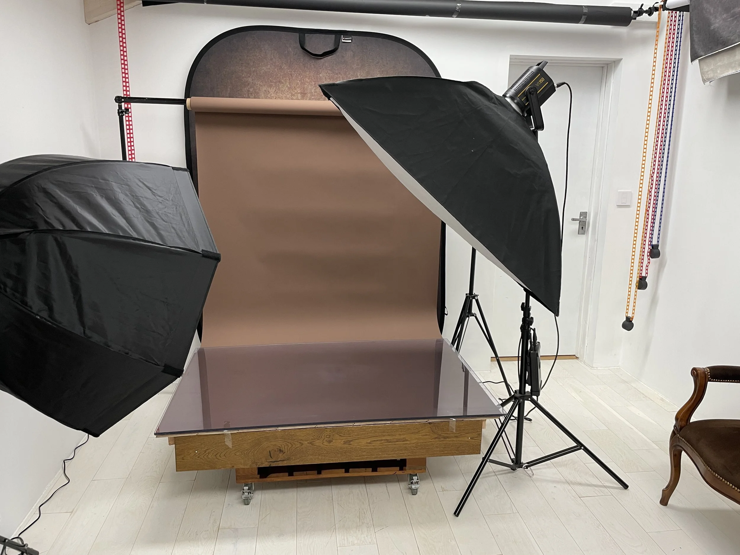 photography studio with lights and backdrop