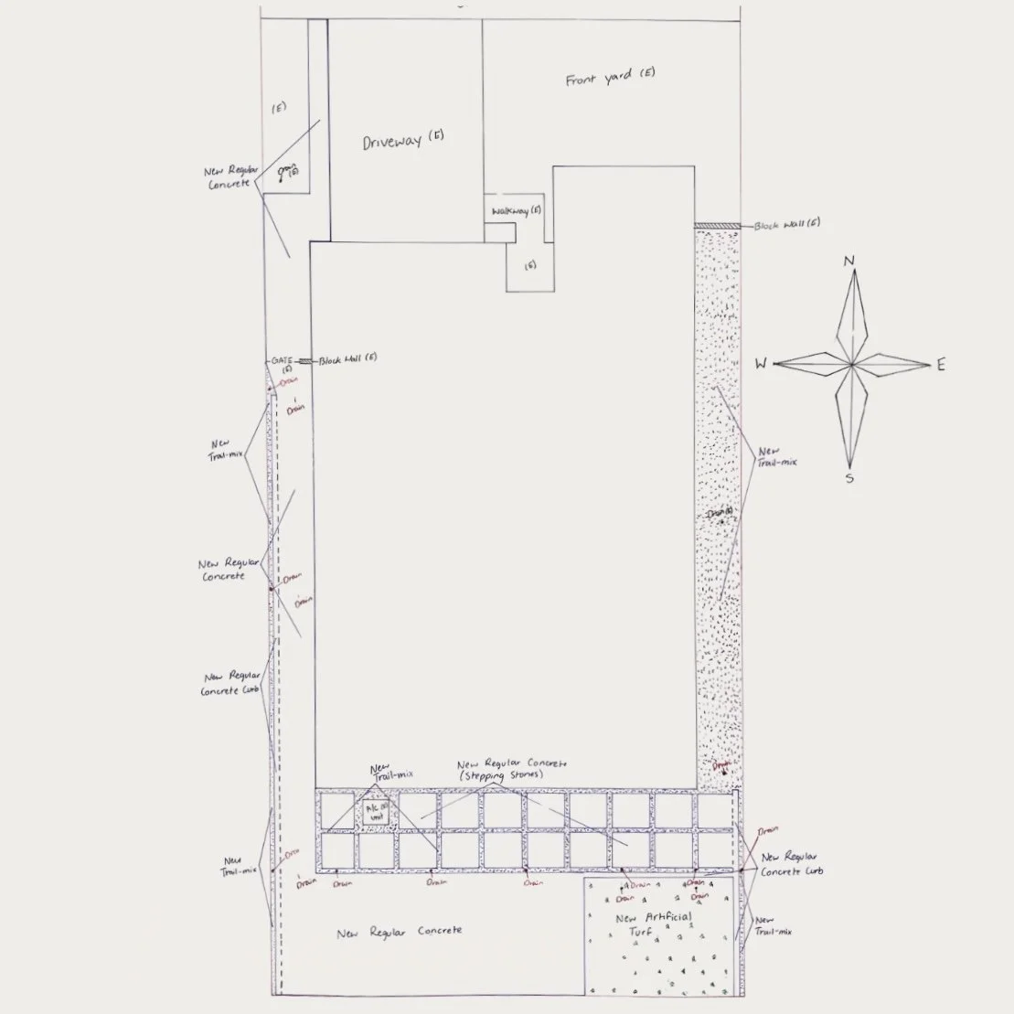 Landscape architectural plan for backyard with driveway, walkway, multiple concrete curbs, new regular concrete, new trail-mix, and artificial turf sections. Features a north compass rose for orientation.