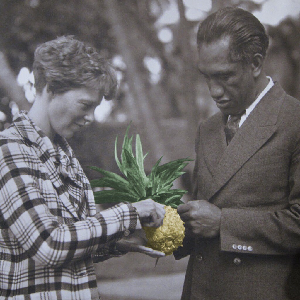 Here&rsquo;s Duke Kahanamoku, the father of Surfing giving a pineapple to Amelia Earhart, one of the world&rsquo;s greatest adventurers. While surfing around the world, Duke introduced and popularized the sport to beaches far from his home town in ʻA