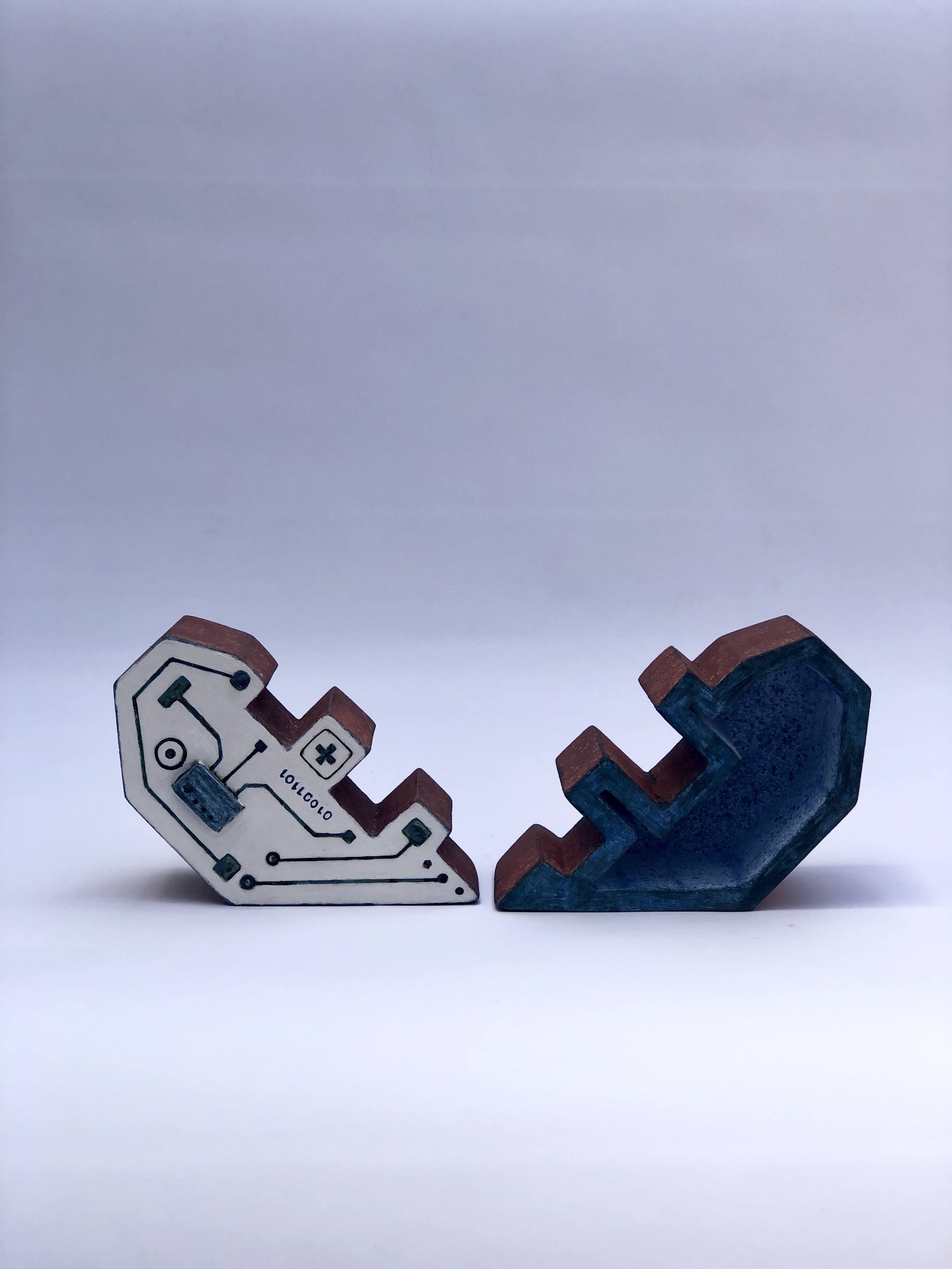 "Programmed Dichotomy I" Ceramic, slip, oxides and glaze. (2021) 5 1/2" x 5" x 2 1/16" - Divided
