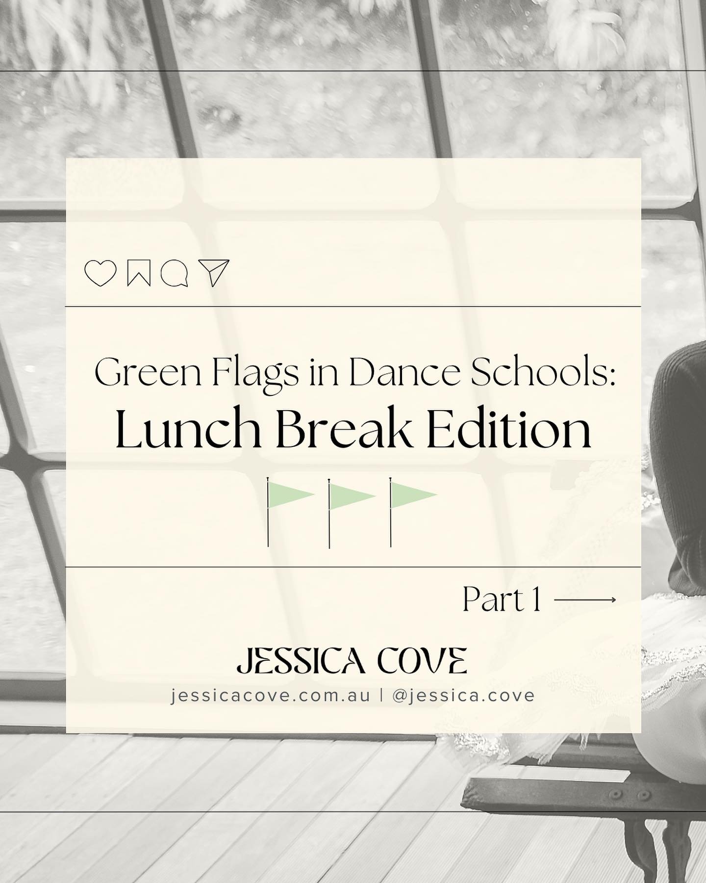 Green Flags in Dance Schools: Lunch Break Edition 

Creating a healthy, safe and supportive environment for dance students during their breaks starts with the basics:

🌱 Ensuring adequate supervision,
🌱 Creating and respecting boundaries,
🌱 Unders