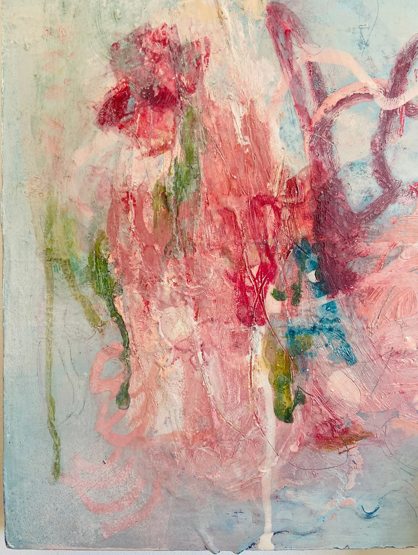 Close up corner of a new piece awaiting varnishing

&lsquo;Idle Reverie (blue)&rsquo;