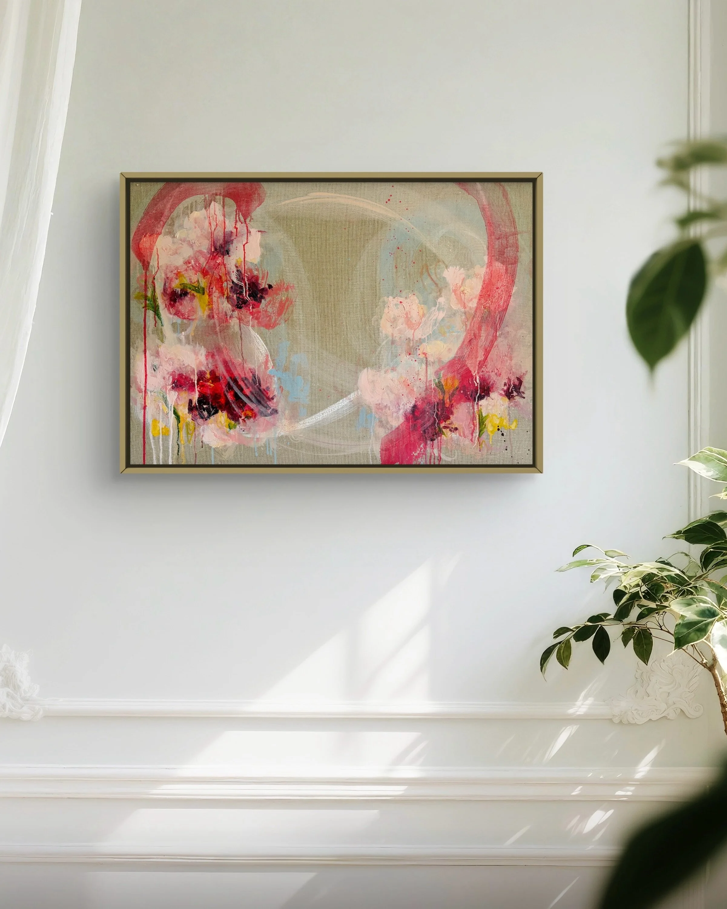 &lsquo;Heartfelt&rsquo; is the largest one of 4 paintings in a hot summery palette of pinks, yellows and sunny sky blue available online and at @summerhousegallery 

I tend to notice shapes when I draw, specifically the shapes between the petals, or 