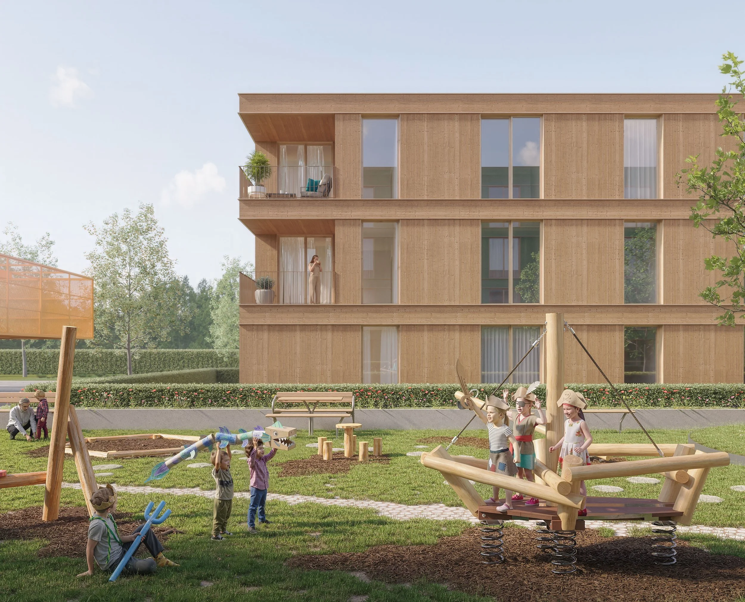 Spielplatz mit Holzspielgeräten zwischen mehrgeschossigen Wohnhäusern in Holzbauweise