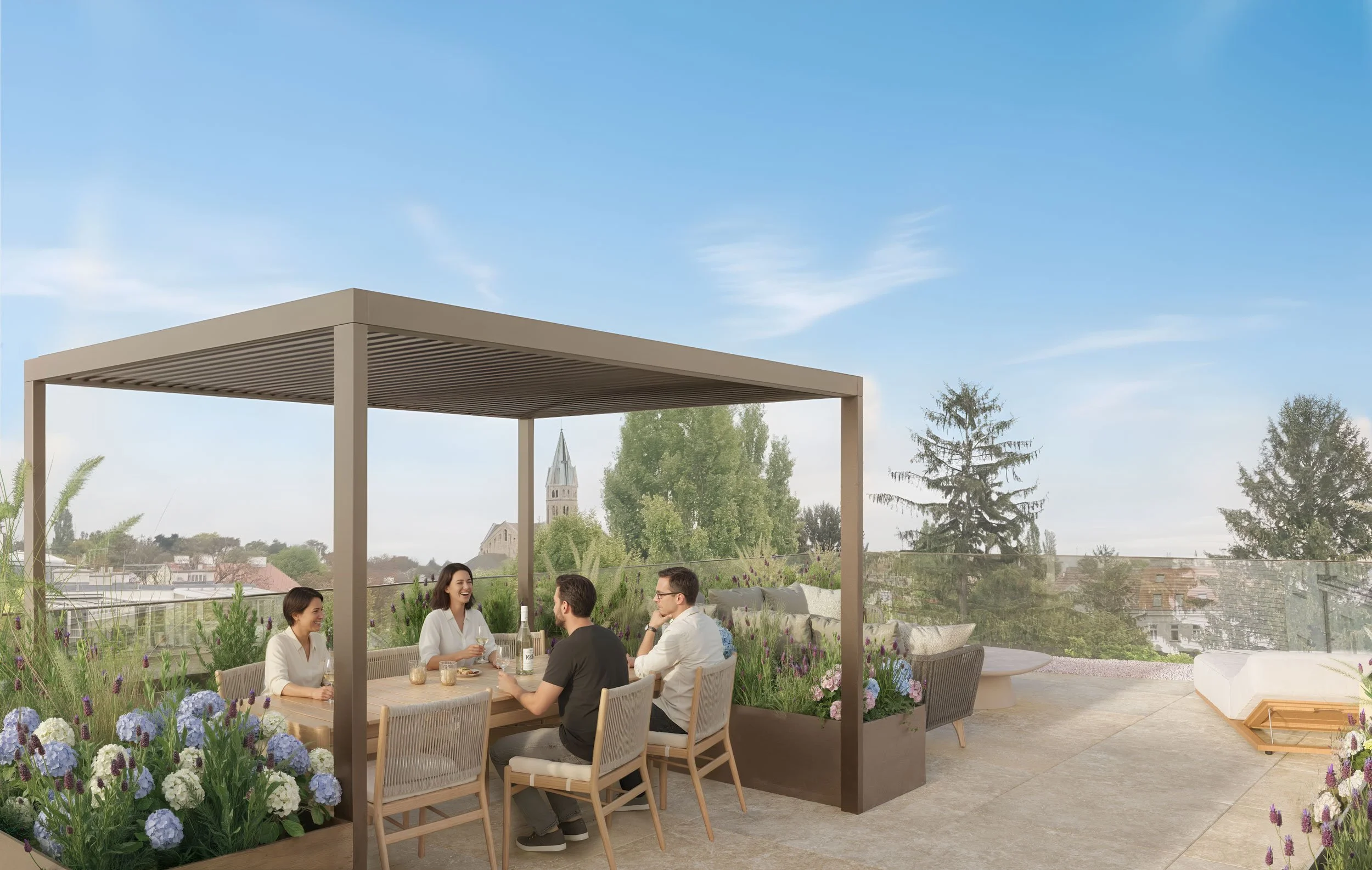 Terrasse einer Wohnung mit Blick auf den Innenhof und Landschaft  in Wien