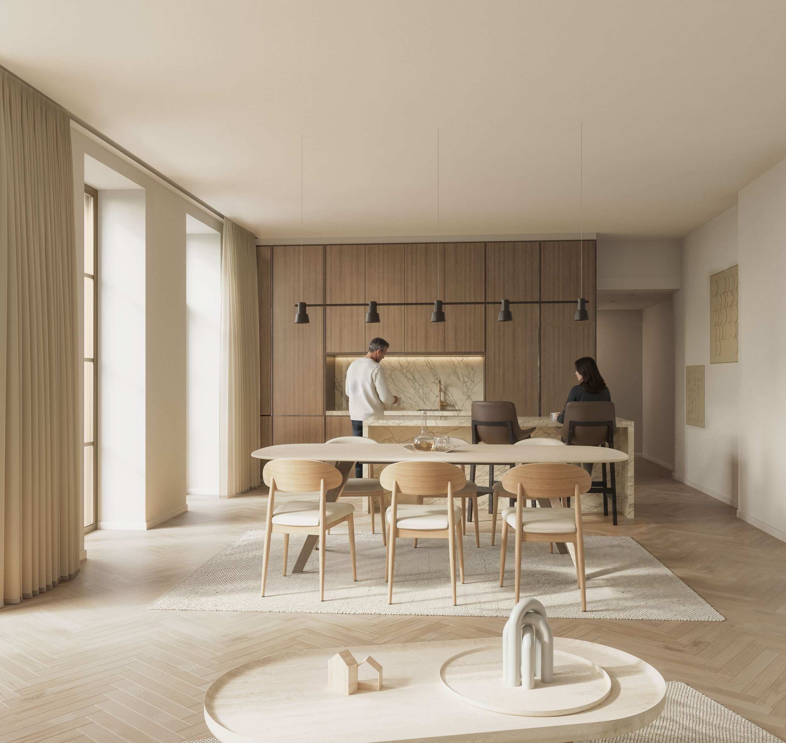 Innenvisualisierung einer Küche im Altbau mit modernen Essbereich