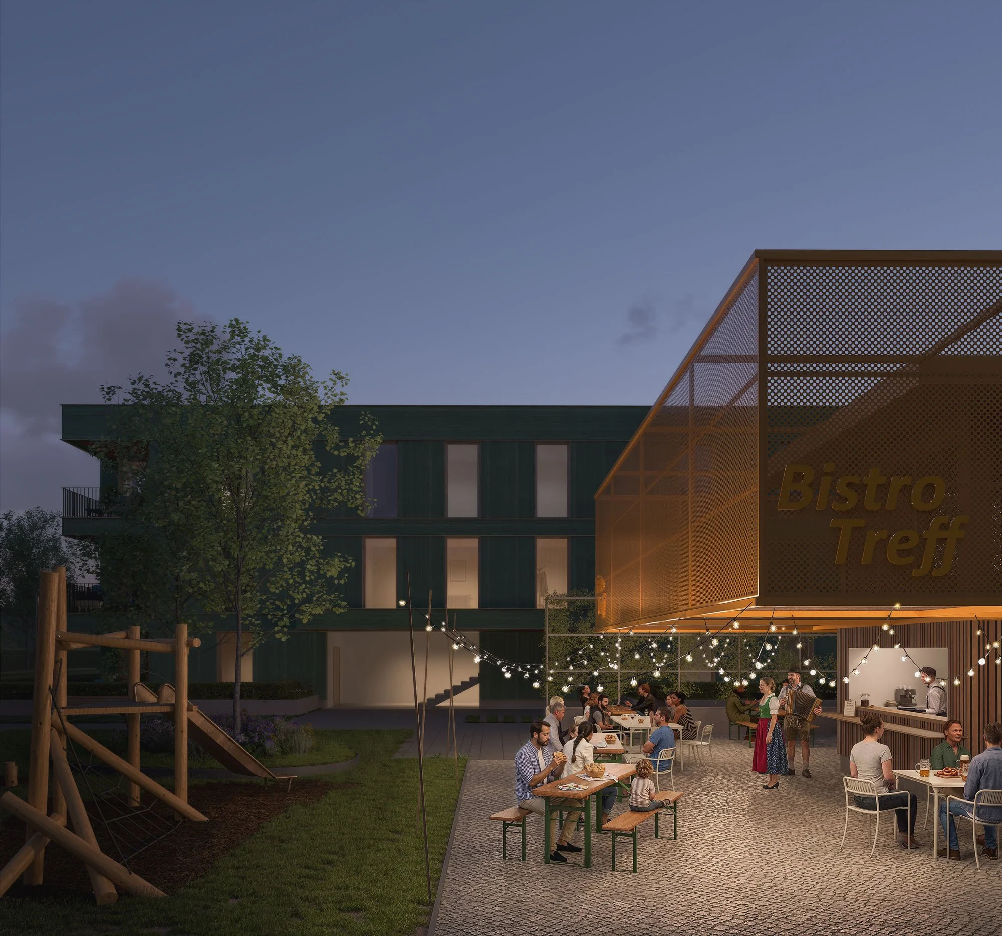 Abendliches Siedlungsfest am Gemeinschaftsbistro mit Lichterketten und Bierbänken