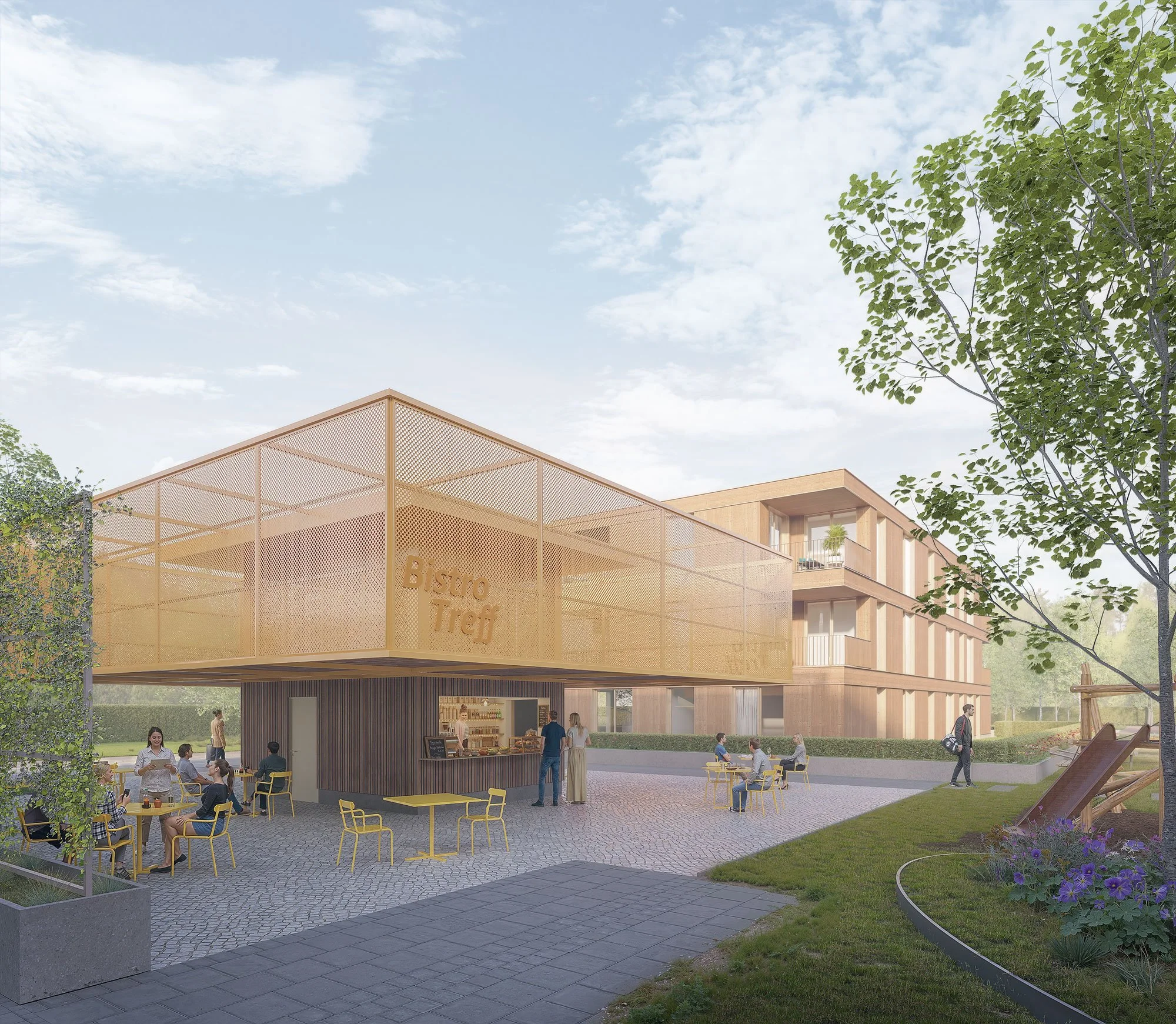 Gemeinschaftsbistro mit perforierter Metallfassade als Treffpunkt einer Wohnsiedlung