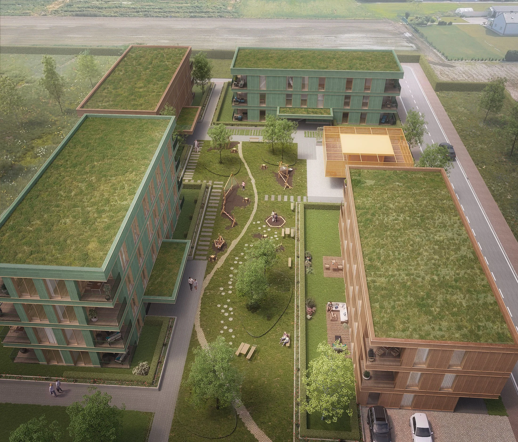 Luftbildvisualisierung einer Wohnanlage in Holzbauweise mit begrünten Dächern und gemeinschaftlichem Innenhof