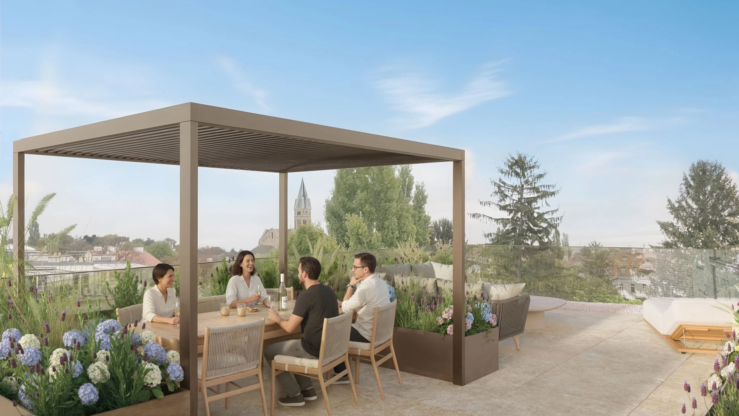 Terrasse einer Wohnung mit Blick auf den Innenhof und Landschaft  in Wien