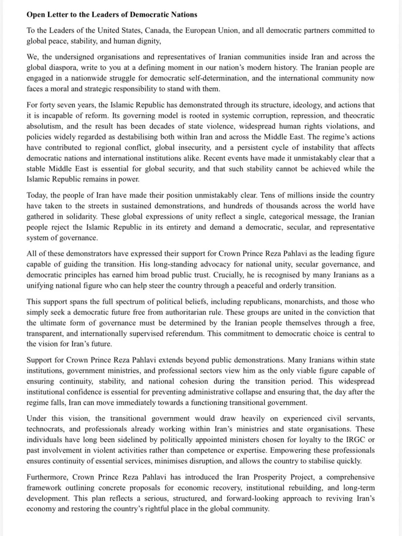 **Open Letter from Over Fifty Iranian Parties, Associations, and Institutions to the Leaders of the United States, Canada, Europe, and All Democratic Countries:**

The people of Iran &mdash; tens of millions inside the country and hundreds of thousan