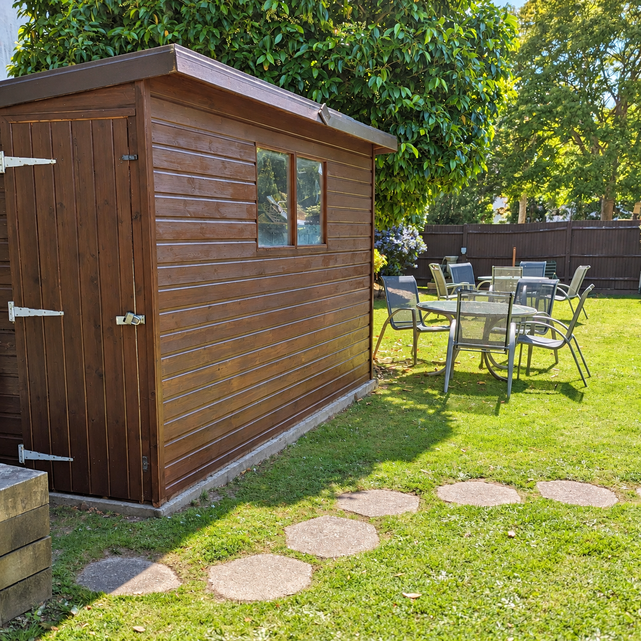 The sunny garden at Healey House, with a summerhouse, seating and a stepping-stone path across the lawn
