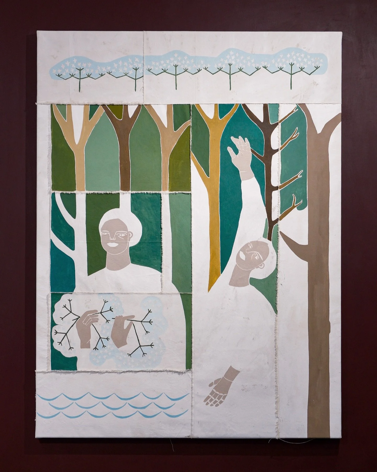 High Grow The Elderflowers
Ali Bassett, 2025
Acrylic on stitched canvas
140 × 105 cm
Ali Bassett’s panelled canvas paintings are a must-see for those yet to experience her work. Each piece is a patchwork of pattern, figure, and lyric.