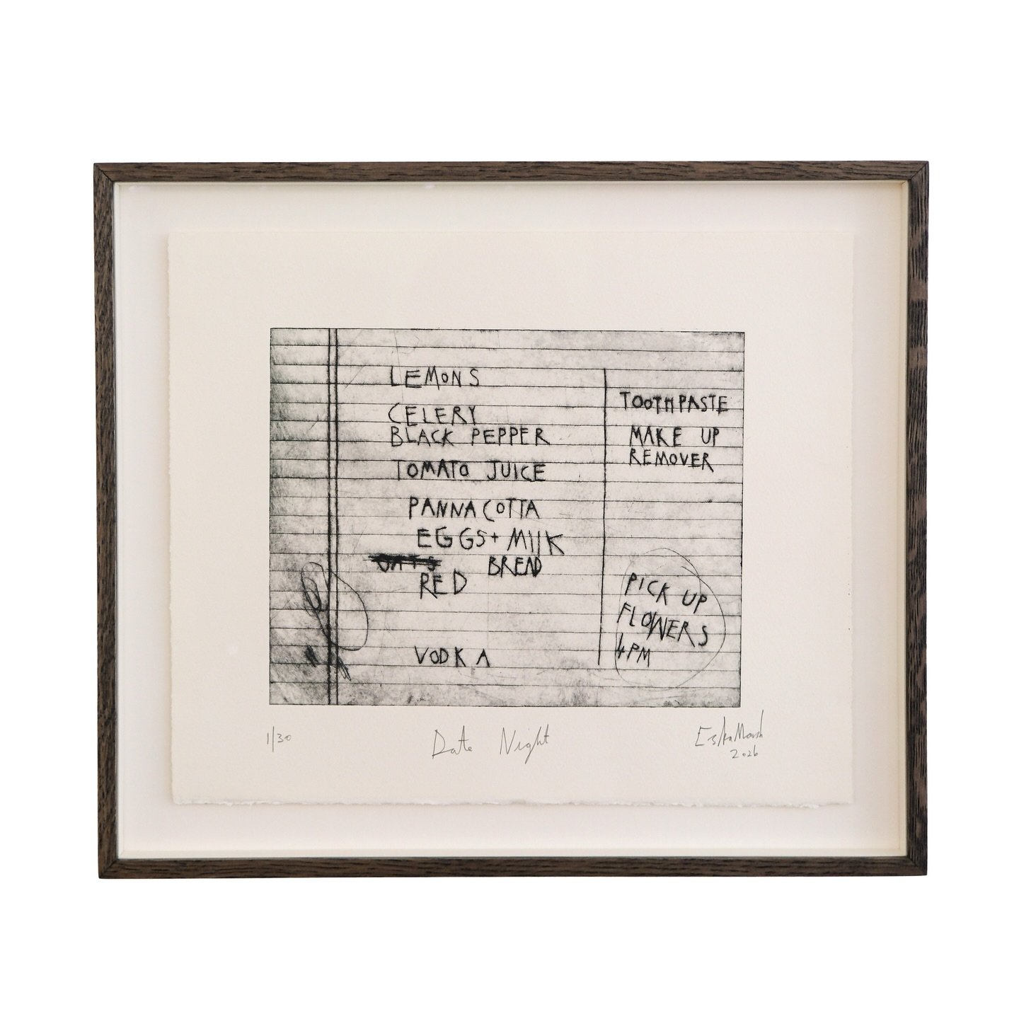 A fabulous new series of works from Eska Marsh, framed in her signature dark-stained bespoke frames with art glass.

Everyday household items are brought to life and depicted with her witty personality, scrawled text and poetic titles adding a layer 
