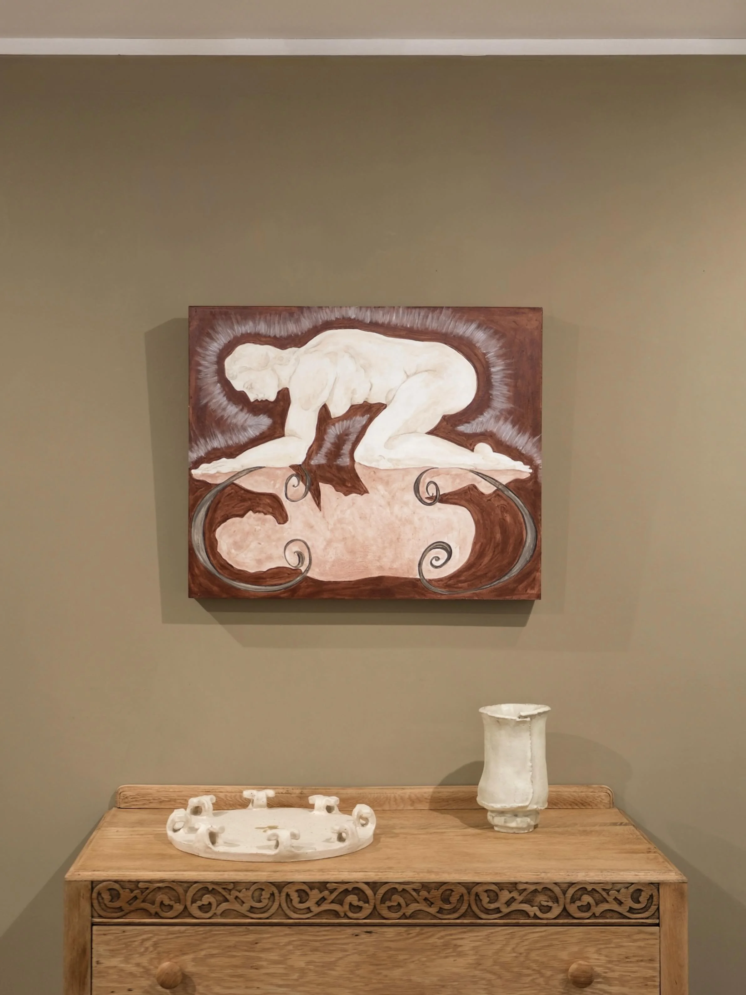 Ruby Bateman - Hermit II 

&lsquo;Hermit II&rsquo; is a deeply introspective work, drawing on the symbolism of the Hermit archetype from the major arcana tarot. Rendered in earth pigments, natural acrylic medium and honey watercolour on wooden panel,