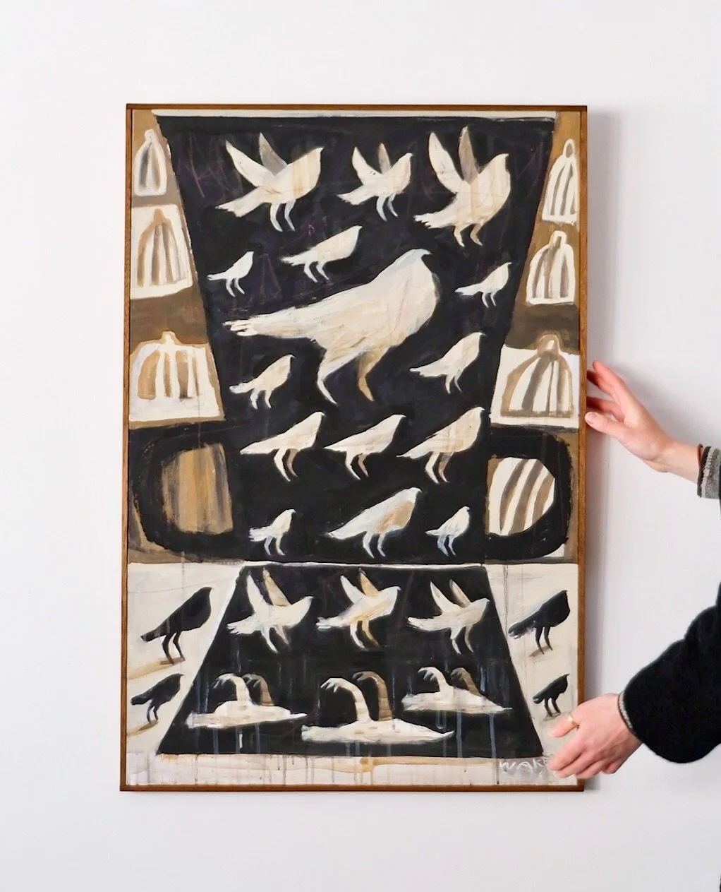Sophie Wake&rsquo;s Freedom Waits &ndash; Black &amp; White Vessels is a sensational pair of ephemeral paintings. Framed in artist-made frames constructed from salvaged wood recovered from the beach after the fire at Brighton Pier. The materiality of