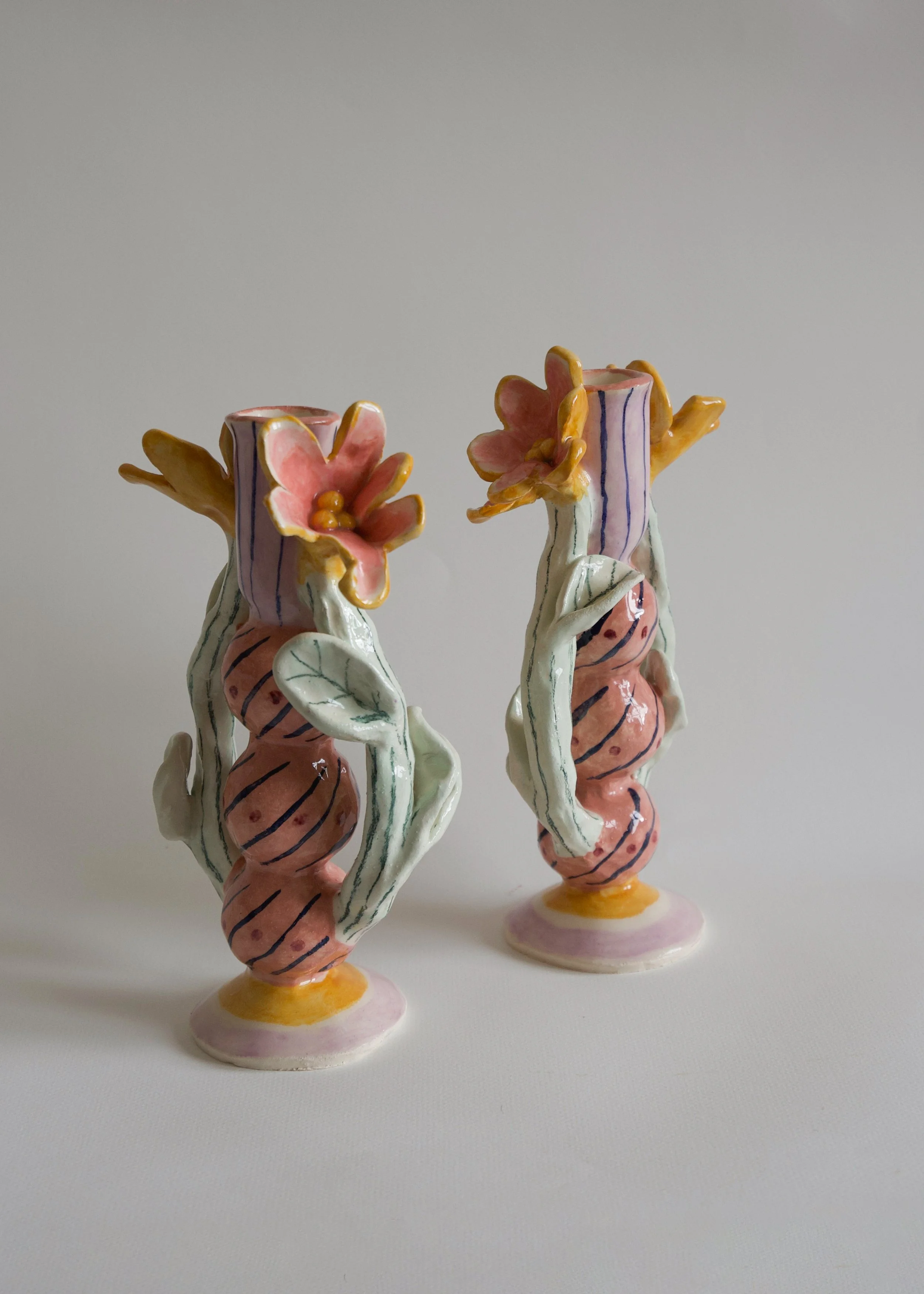 CELIA WOOD - FLOWER SCULPTURAL CANDLESTICK PAIR