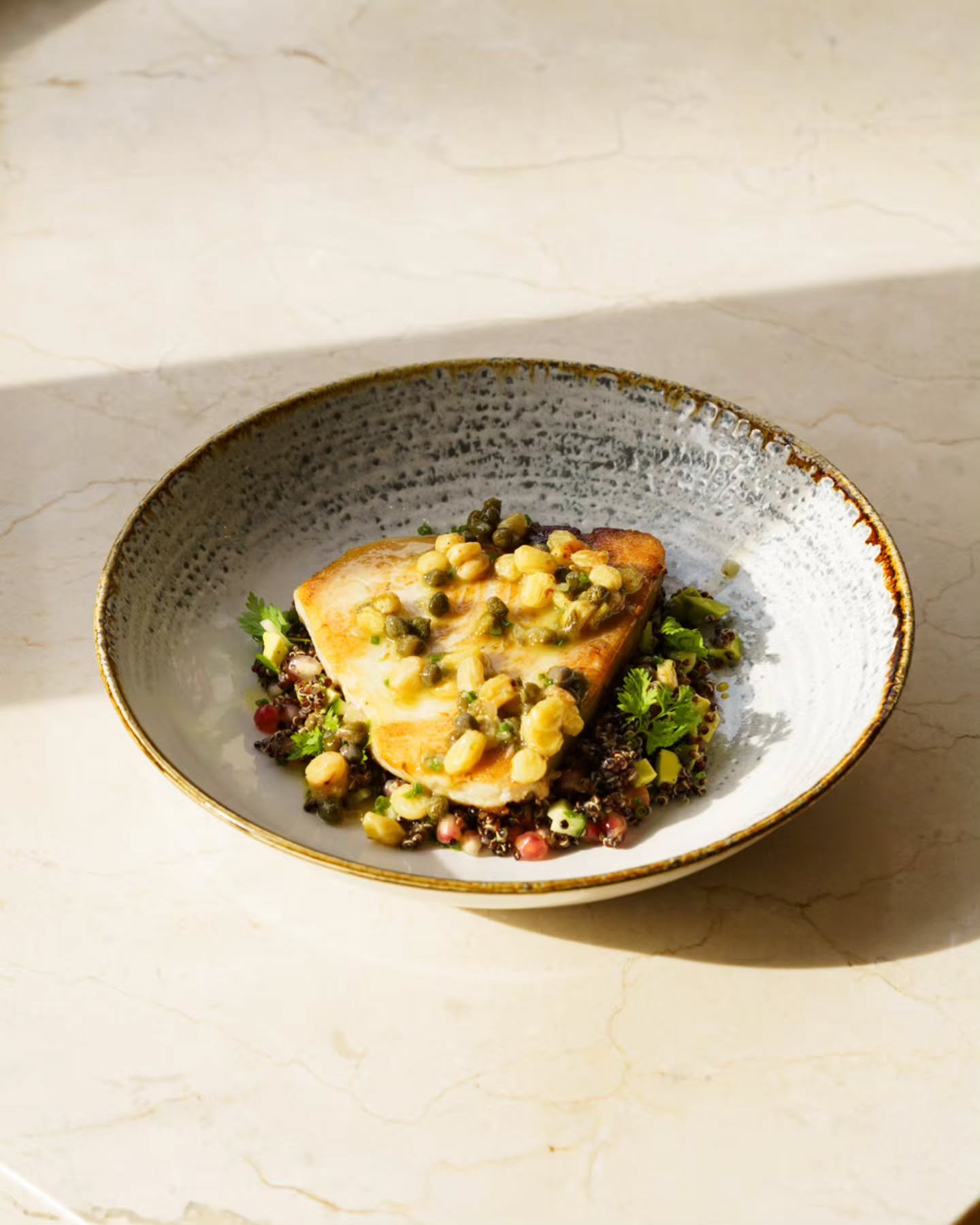 Elegance served on a plate. Our Pan-fried swordfish steak with quinoa, caper &amp; raisin dressing. Available on our lunch &amp; dinner menu ❤️ #EnglandsGrace #StJohnsWood
