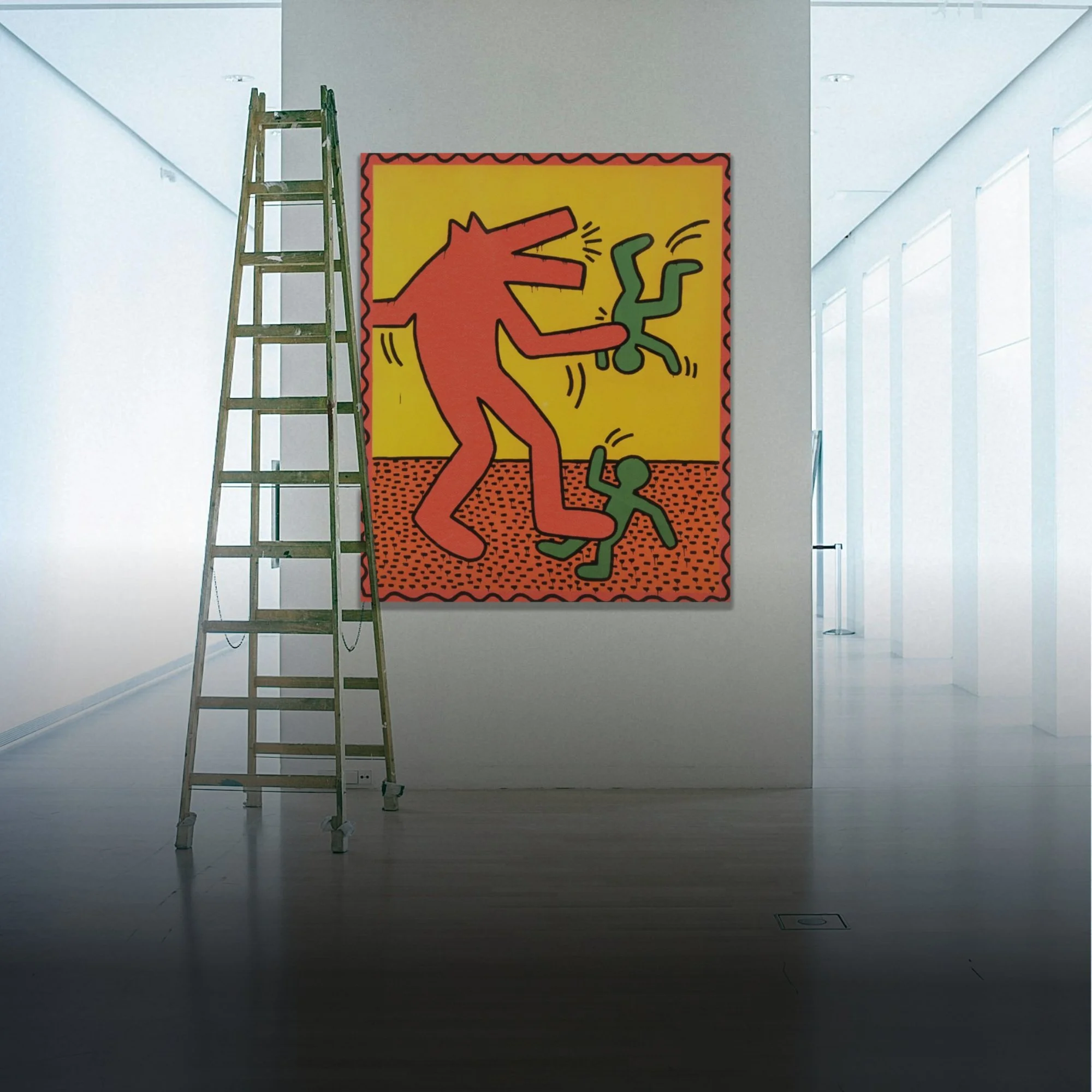 A colorful, modern art painting of Keith Haring featuring a stylized red creature with a long snout, captioning two green figures, in an art gallery with a ladder nearby.