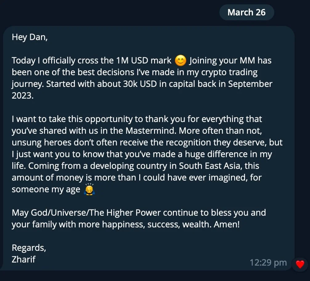 Screenshot of a WhatsApp message from Zharif to Dan, dated March 26, acknowledging crossing the 1 million USD mark in crypto trading, expressing gratitude, and offering blessings.