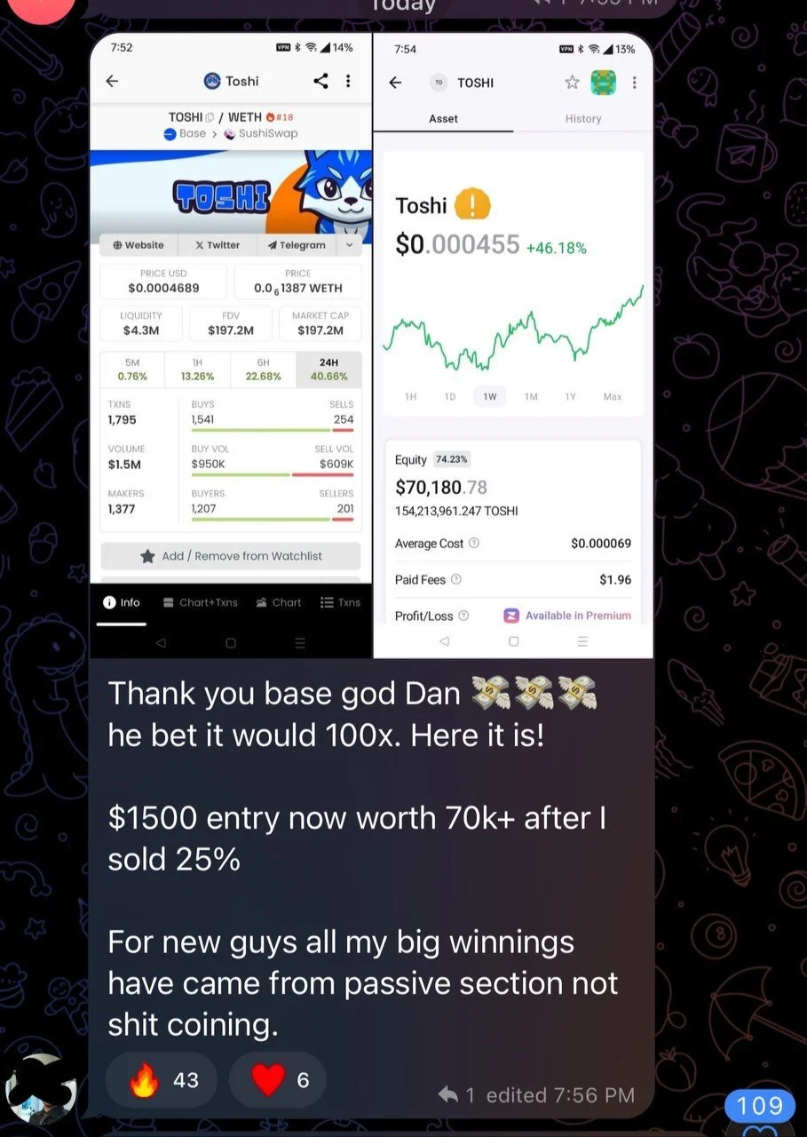 Screenshots of cryptocurrency tracking app and wallet showing Toshi (SushiSwap) token current price, market cap, and profit, with a text message stating praise for an investment and sharing successful profit details.