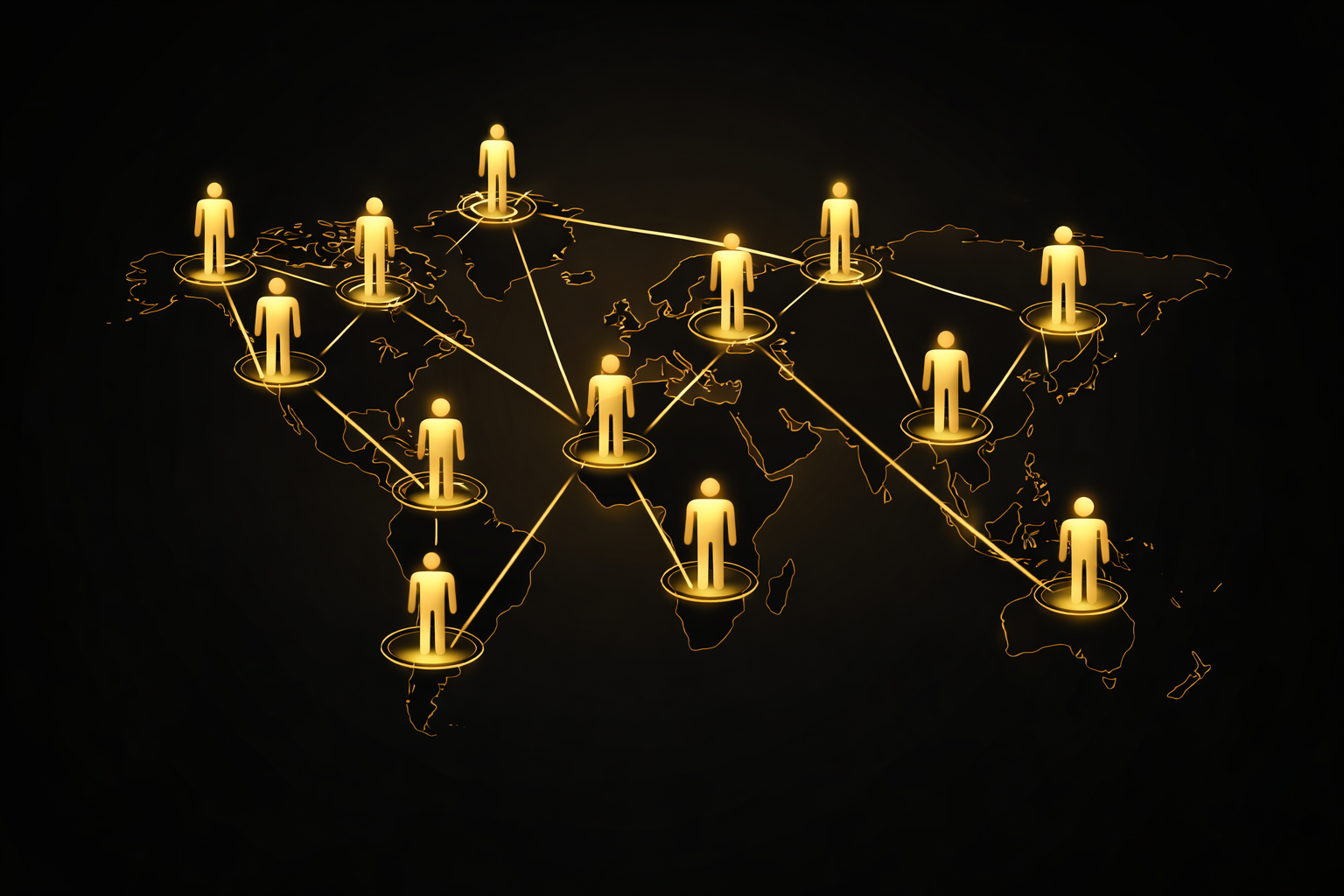 Digital illustration of a global network with interconnected human icons on a world map.
