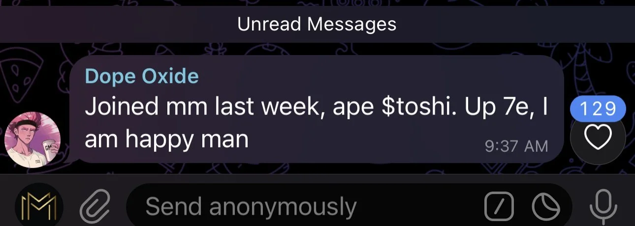 Screenshot of a messaging app displaying an unread message from a contact named Dope Oxide, saying they joined last week and are happy.