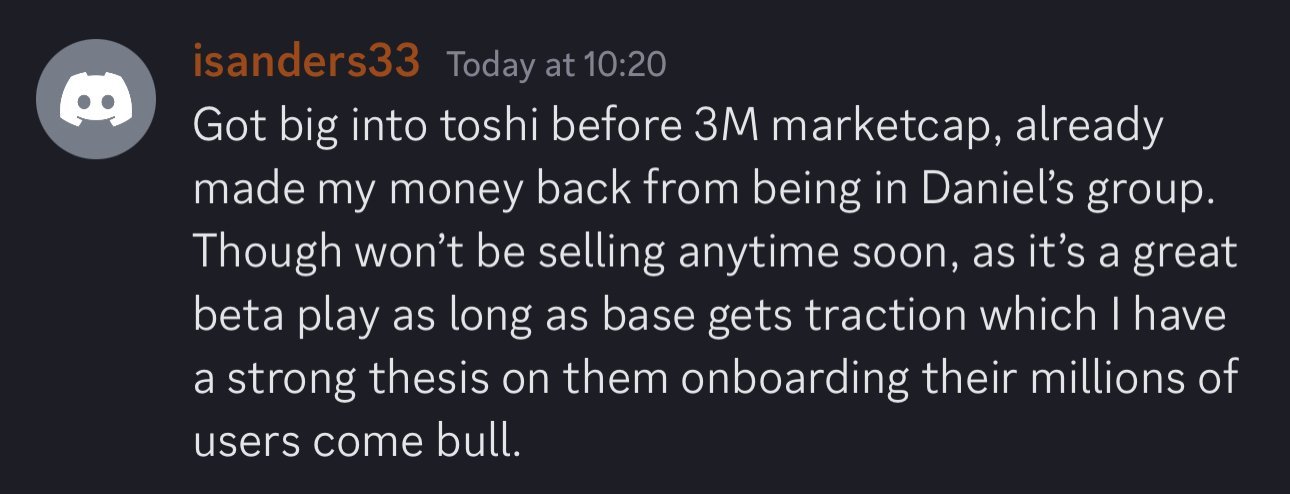 Screenshot of a Discord message from user isanders33 discussing profit from a game called 'toshi' before a market cap event, mentioning it is a great beta play and their belief in its future success.
