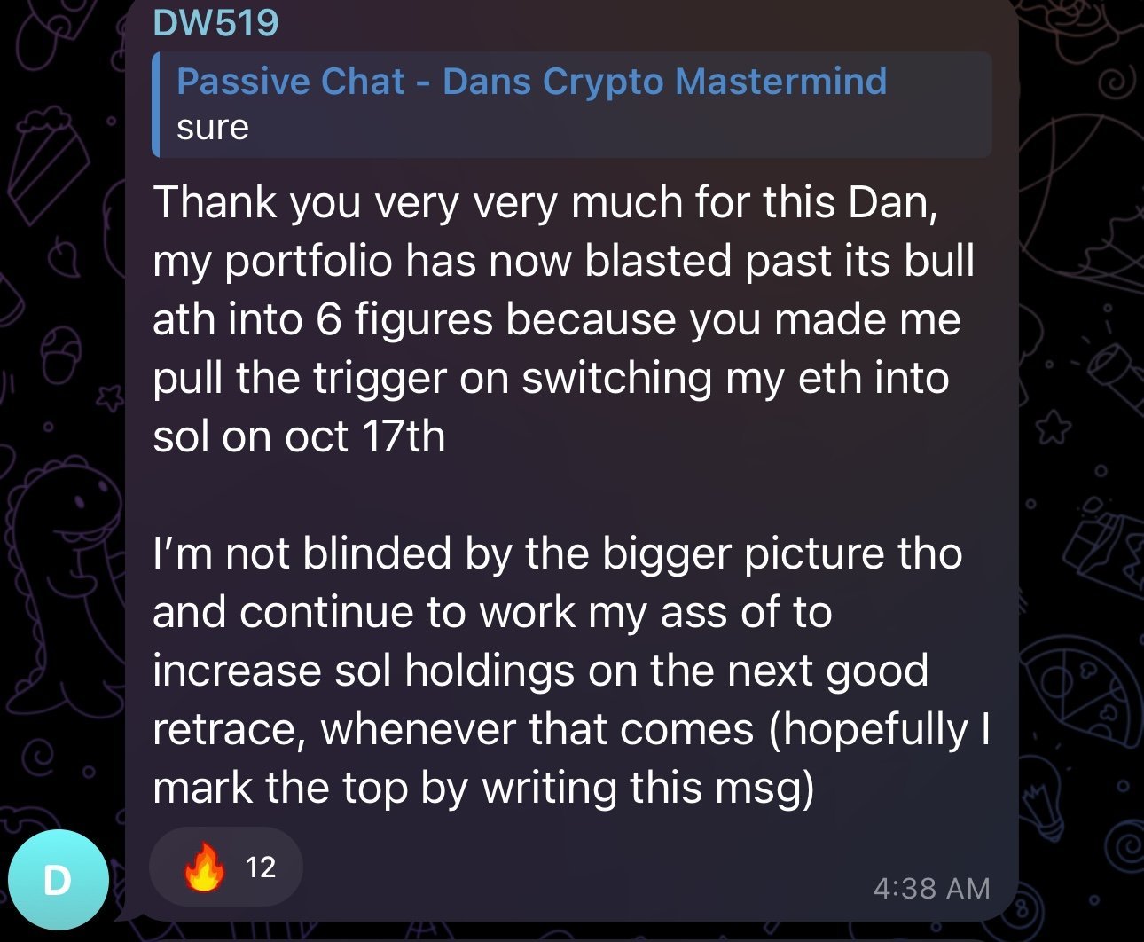 Screenshot of a Telegram chat message exchange, discussing cryptocurrency trading plans and a portfolio update.