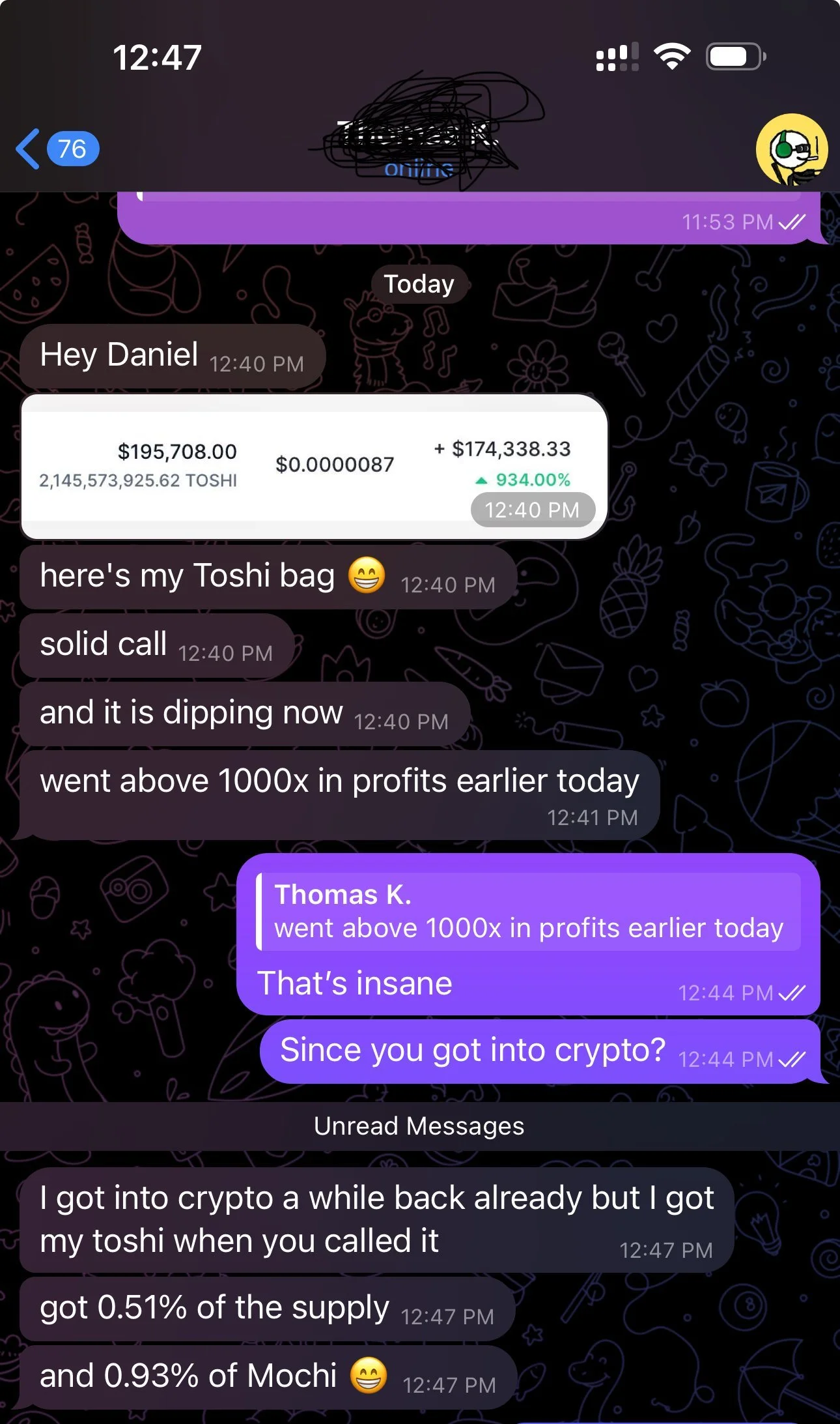 Screenshot of a WhatsApp conversation about cryptocurrency profits, showing a chat about making over 1000 times profit in a day and mentioning specific crypto coins like Toshi and Mochi.