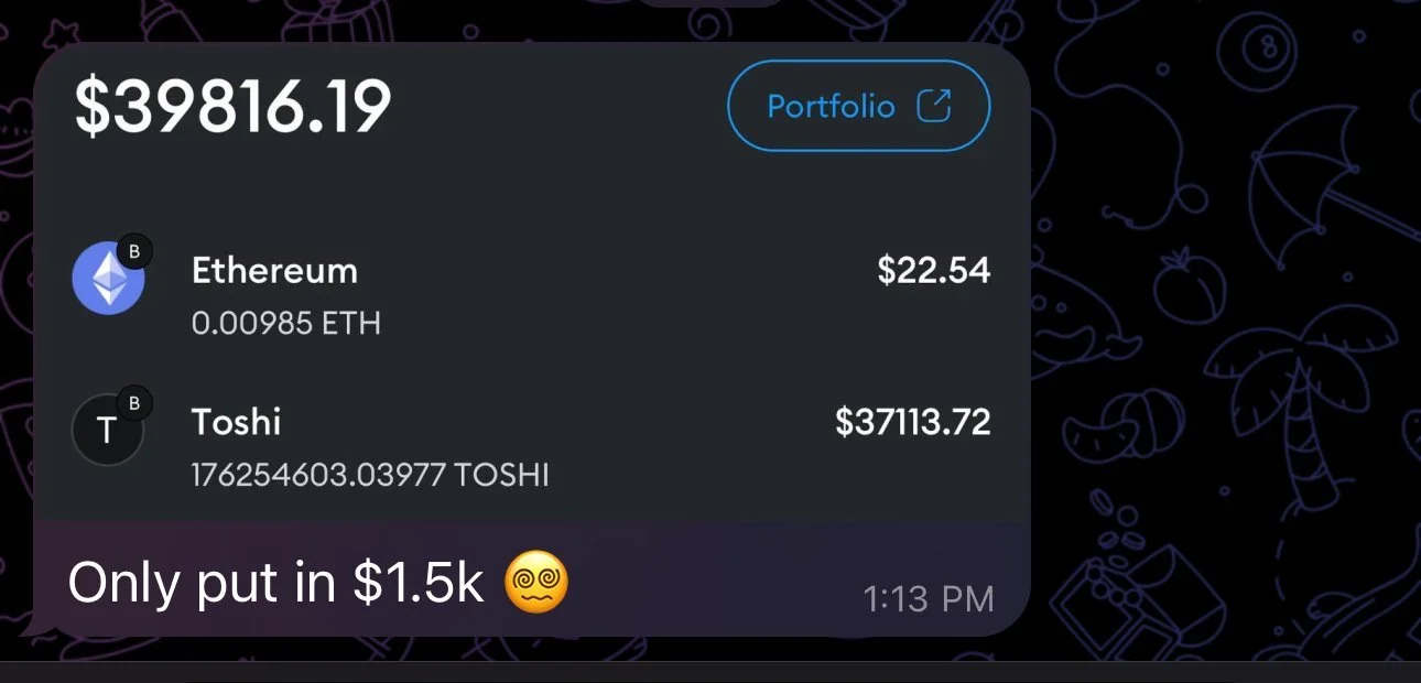 A cryptocurrency portfolio dashboard showing a total balance of $39,816.19, including Ethereum and Toshi holdings, with a note saying 'Only put in $1.5k' and a timestamp of 1:13 PM.