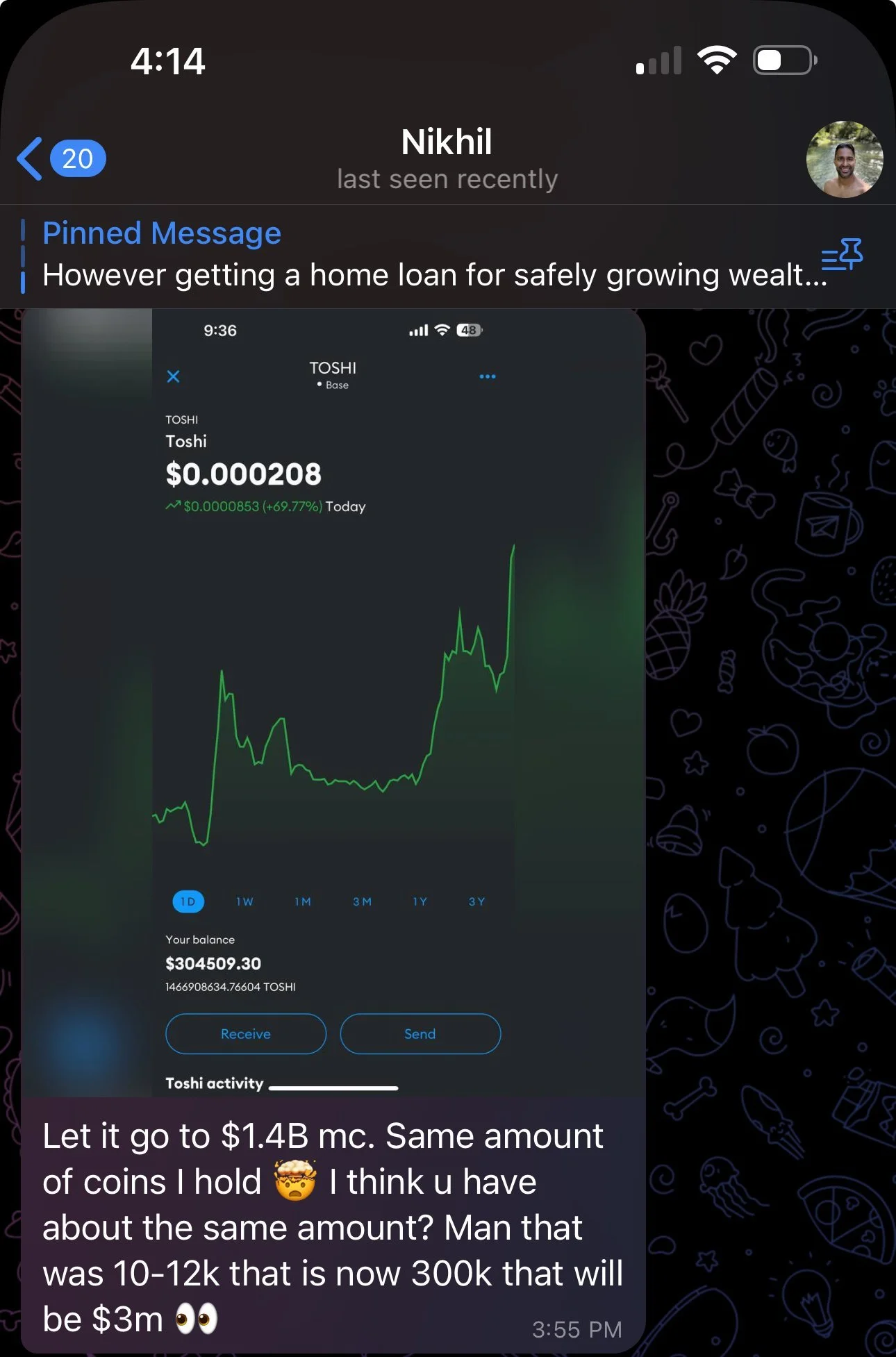 A screenshot of a chat conversation discussing cryptocurrency, showing a Toshi coin balance chart and a message about its potential growth to 1.4 billion dollars.