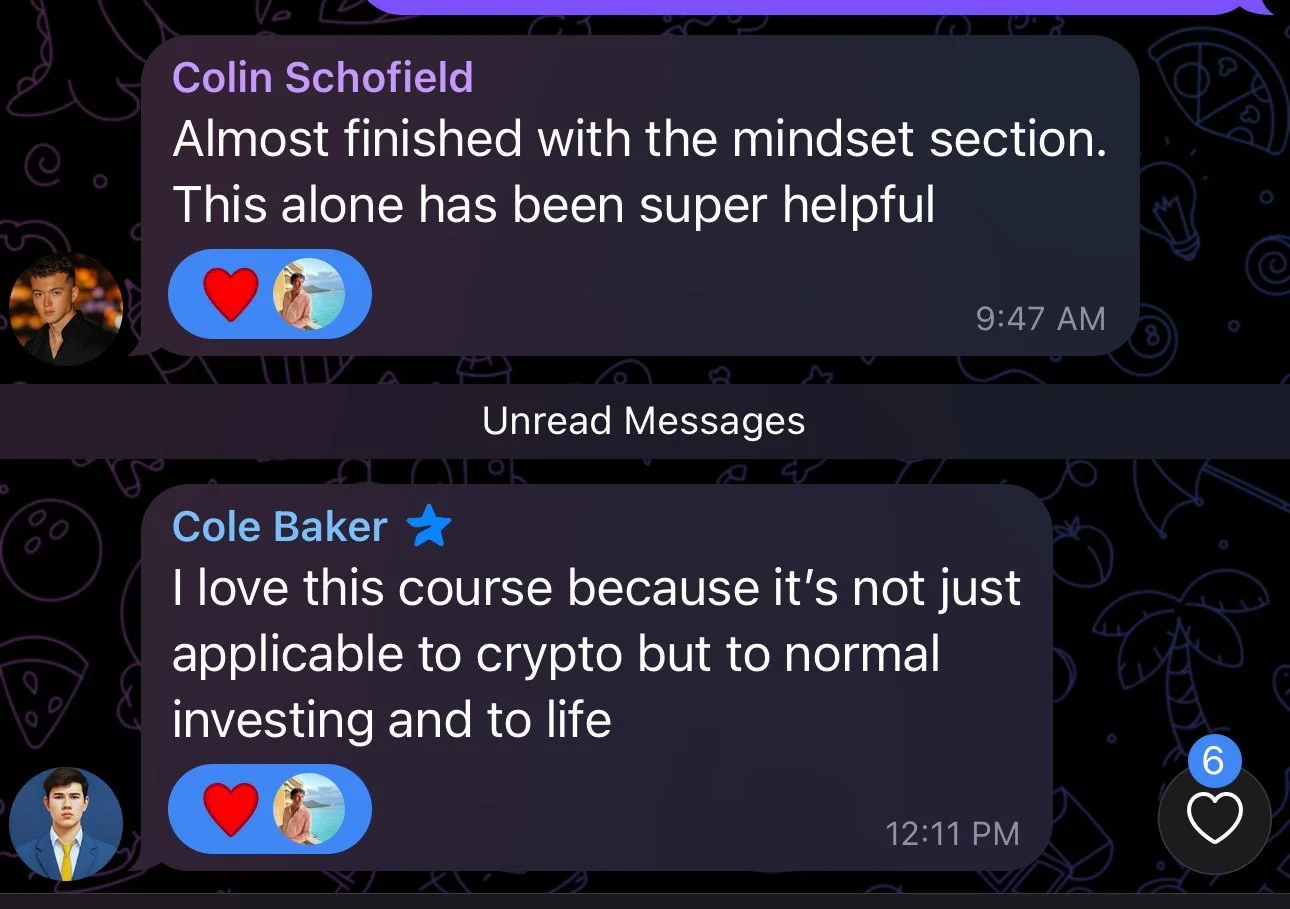 Screenshot of a messaging app with two conversations, one from Colin Schofield and one from Cole Baker, discussing a course and its helpfulness.