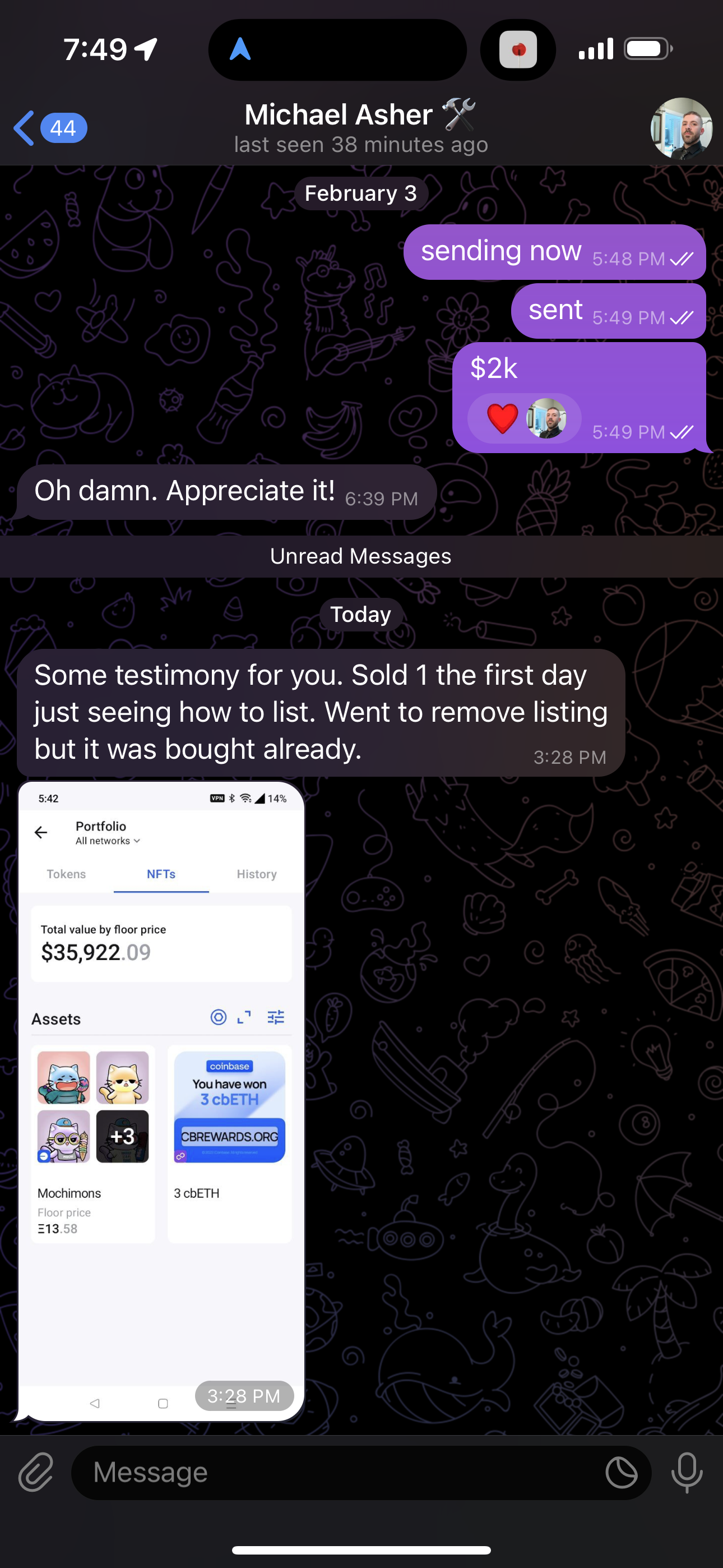 A WhatsApp conversation showing messages about sending money, a testimonial about selling a listing, and a screenshot of a cryptocurrency portfolio with NFTs valued at over thirty-five thousand dollars.