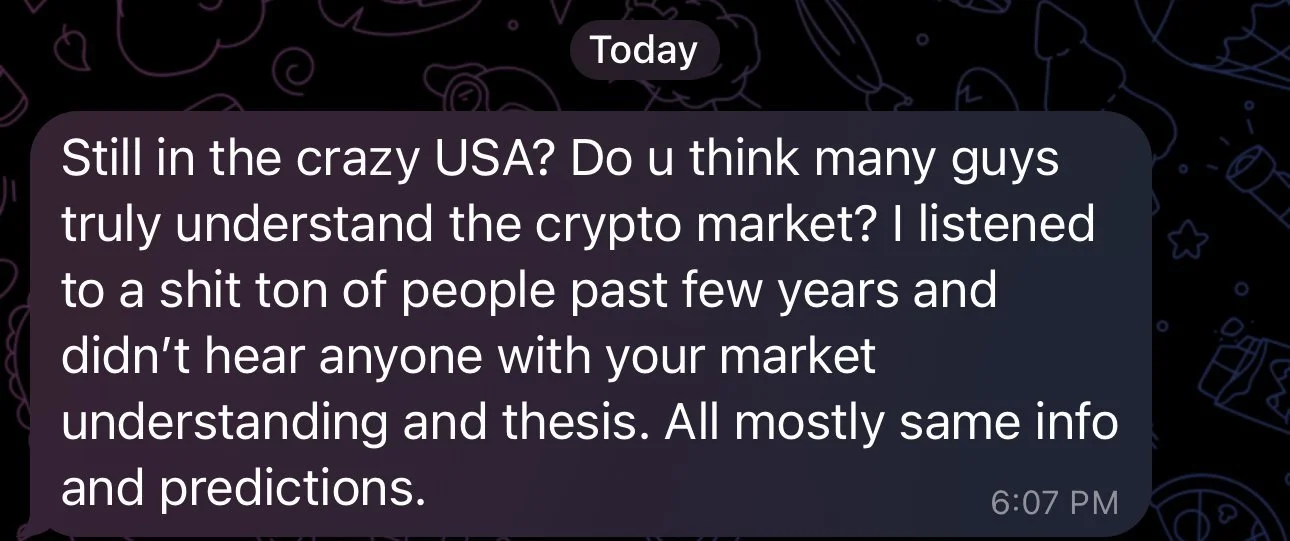 Screenshot of a WhatsApp message discussing the US cryptocurrency market and its perceived lack of understanding among many guys.