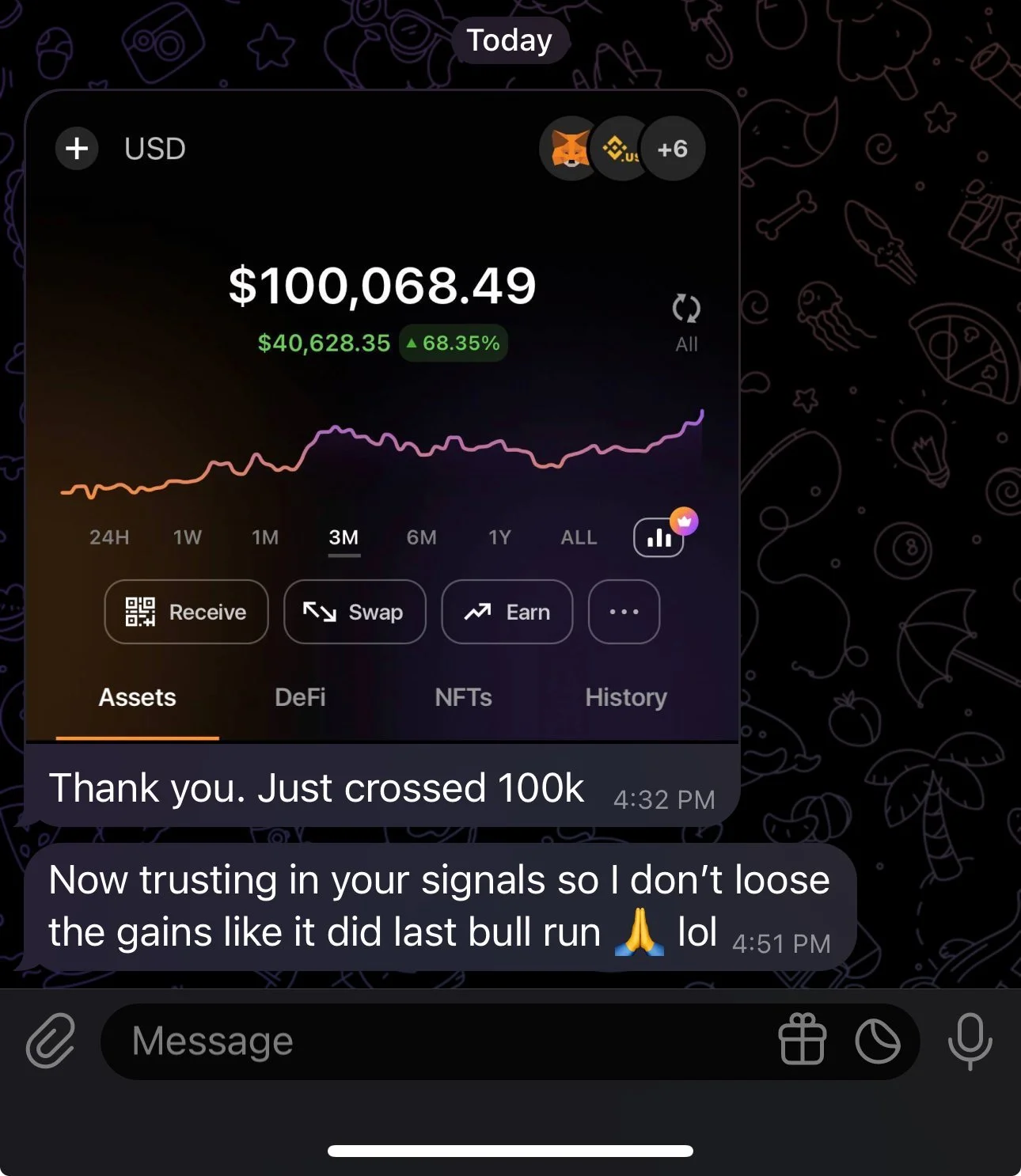 A screenshot of a cryptocurrency trading account showing a balance of over $100,000, with a message saying 'Thank you. Just crossed 100k' and a follow-up message about trusting the signals. The background has doodles of various objects like stars, ro