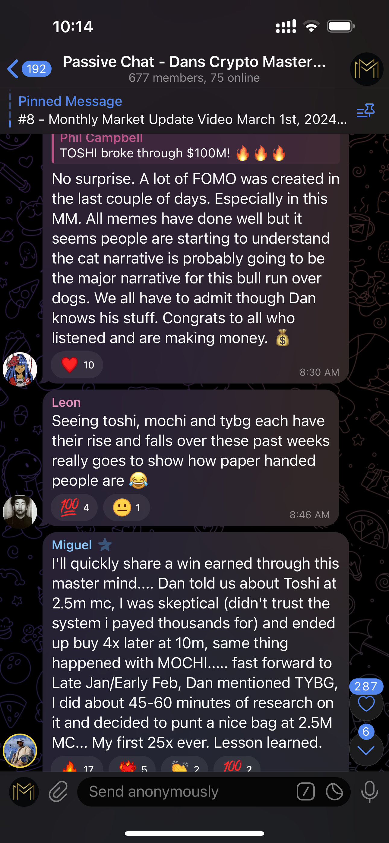 Chat group discussing cryptocurrency, with messages about market updates, meme references, and personal trading success stories.
