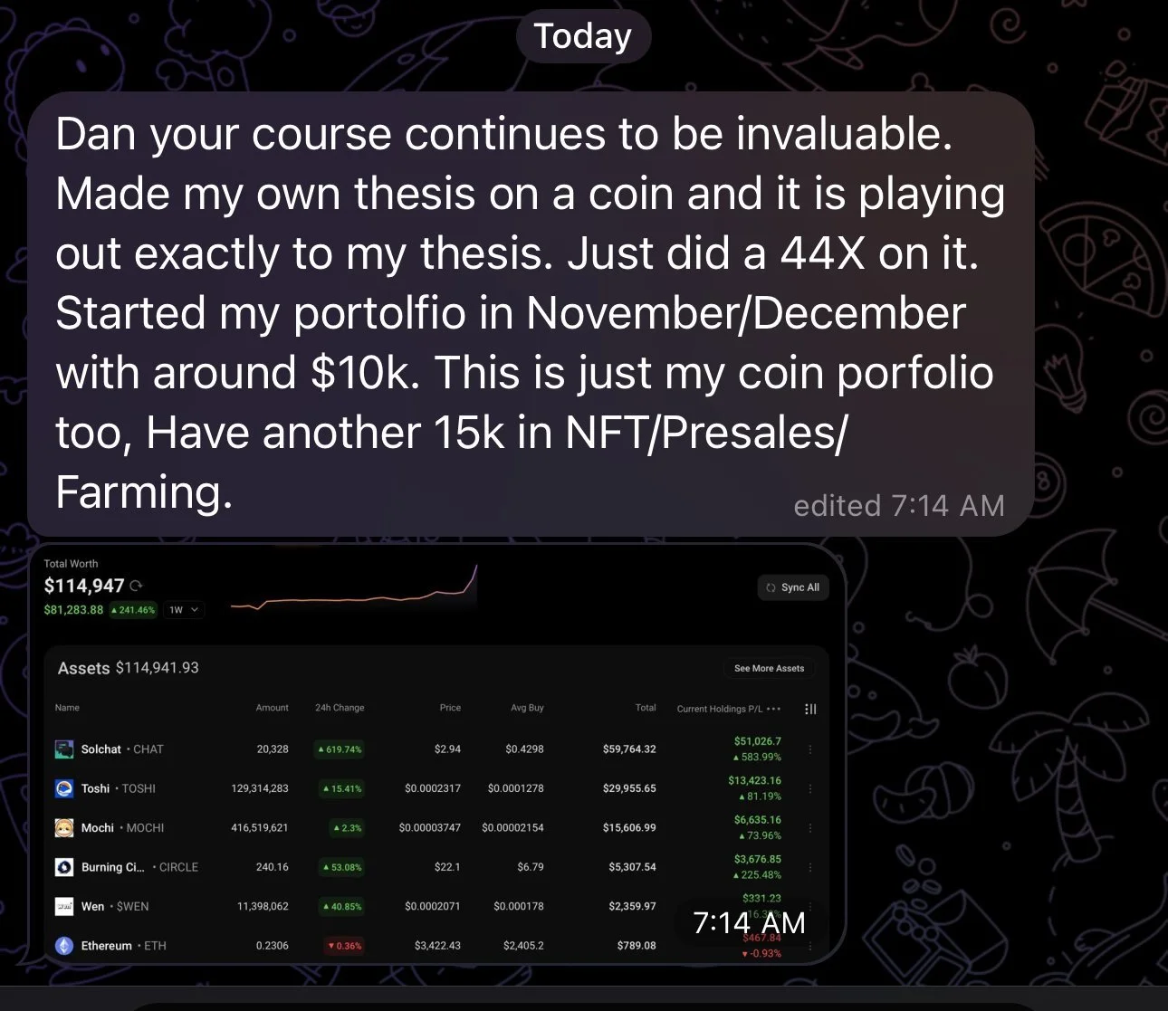 Screenshot of a chat message and a cryptocurrency portfolio tracker. The message discusses creating a thesis on a coin, starting a portfolio with around $10,000, and mentions additional assets in NFTs, presales, and farming. The portfolio shows a tot