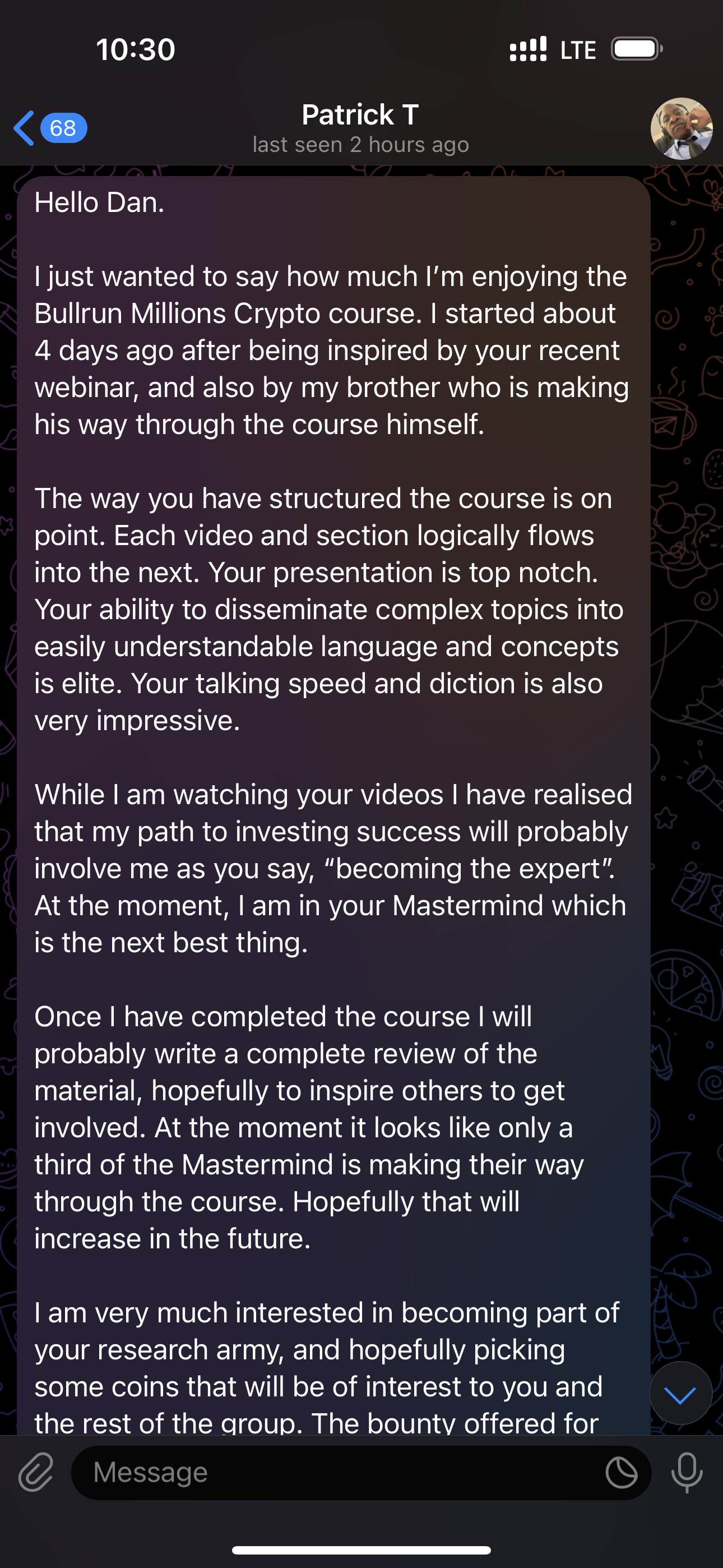 Screenshot of a WhatsApp message from Patrick T praising Dan's cryptocurrency course, mentioning structured content, effective presentation, and interest in joining the research group.