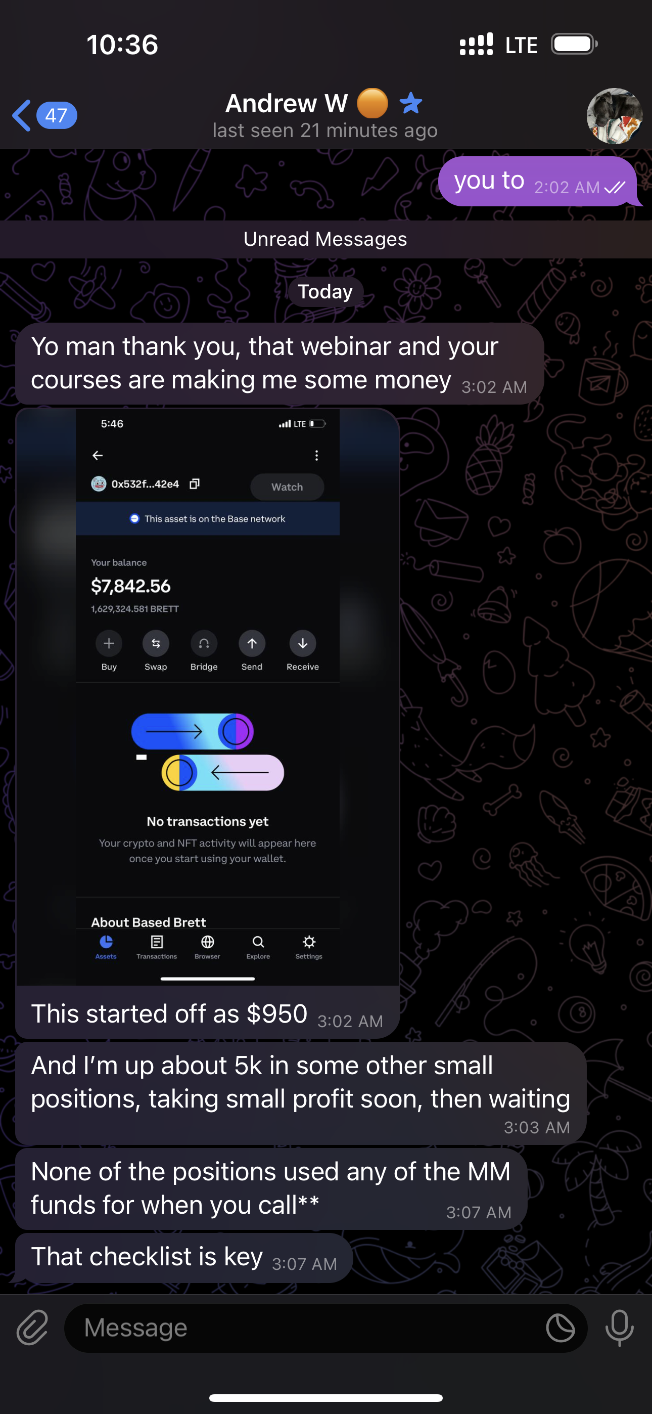 A screenshot of a WhatsApp conversation showing a message about a cryptocurrency wallet with a balance of $7,842.56, a transaction chart, and messages discussing profits and trading strategies.