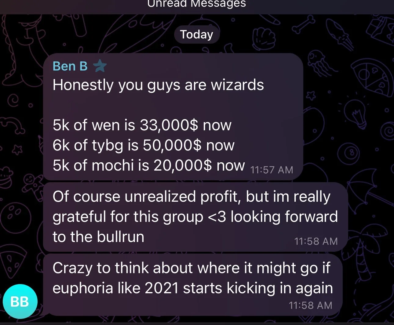 A screenshot of a messaging app conversation with a dark background covered in doodles of various objects like a monkey, pizza slice, alien, and light bulb. The messages include financial updates and reflections about group euphoria.