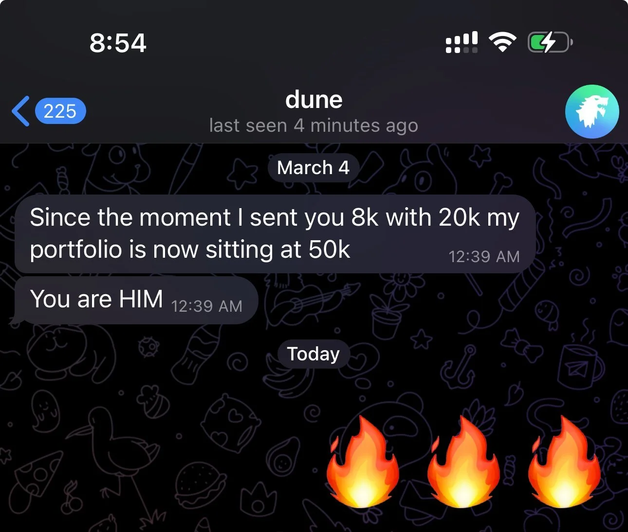A screenshot of a messaging app conversation with a background of doodles, showing a chat about investment growth. The latest message is three fire emojis.