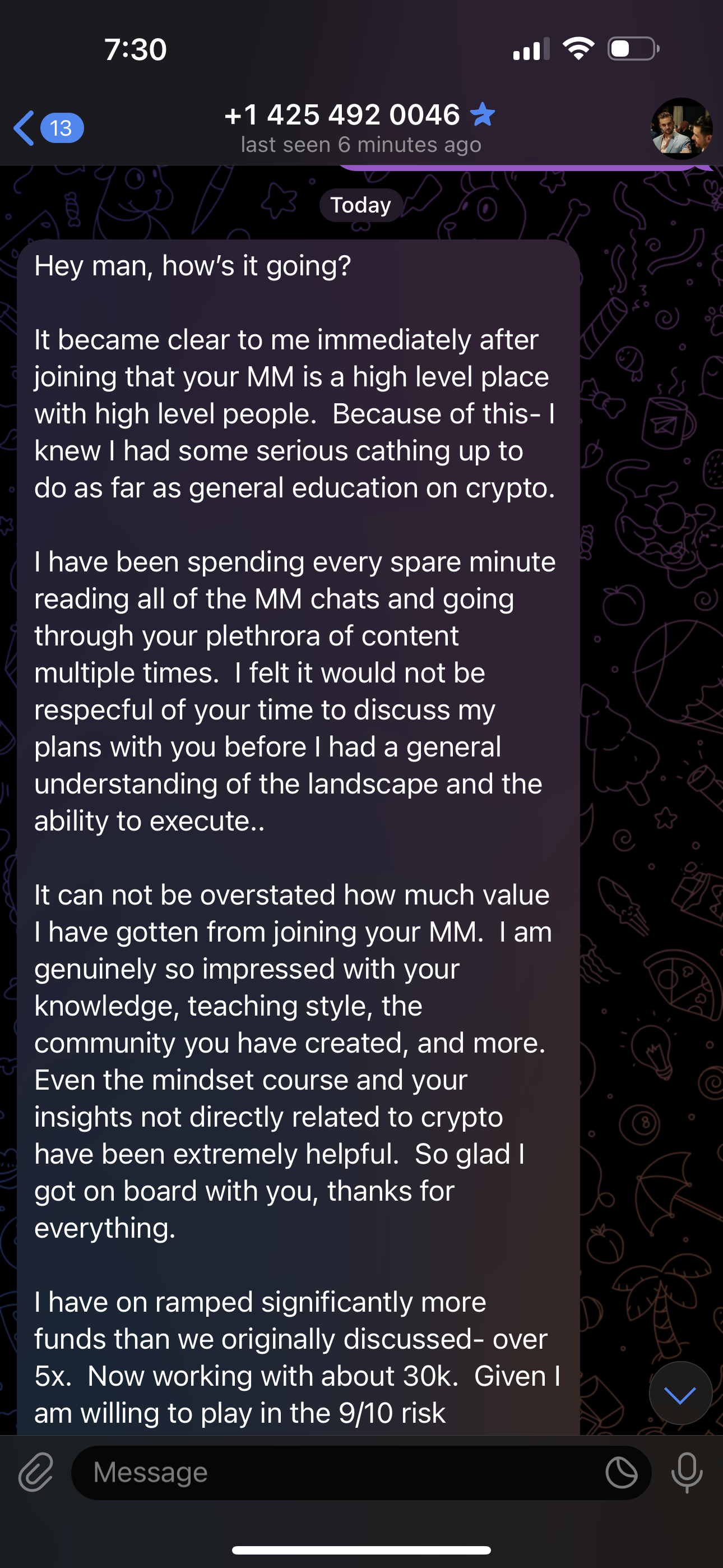 A screenshot of a WhatsApp chat discussing experiences and impressions with a community focused on cryptocurrency, mentioning learning, community support, and financial progress.