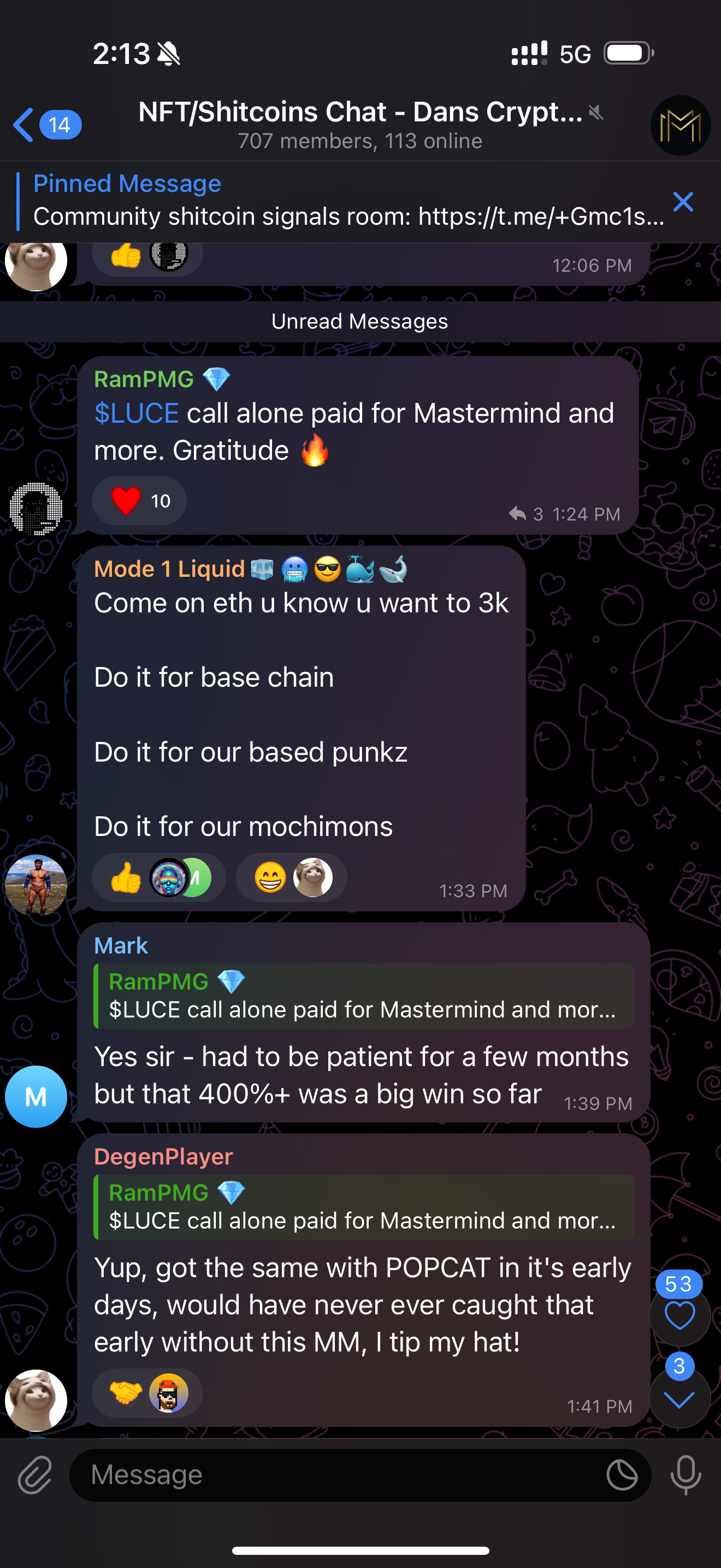 Screenshot of a chat group titled 'NFT/Shitcoins Chat - Dans Crypt...' with multiple messages discussing cryptocurrency investments, including references to 'LUC' and 'Mastermind', and emphasizing paid calls and profits.