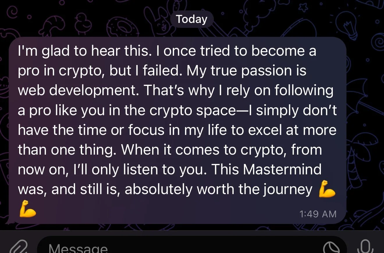 Screenshot of a WhatsApp message praising a web development mastermind, expressing that their true passion is web development and they value the advice given by the mastermind.
