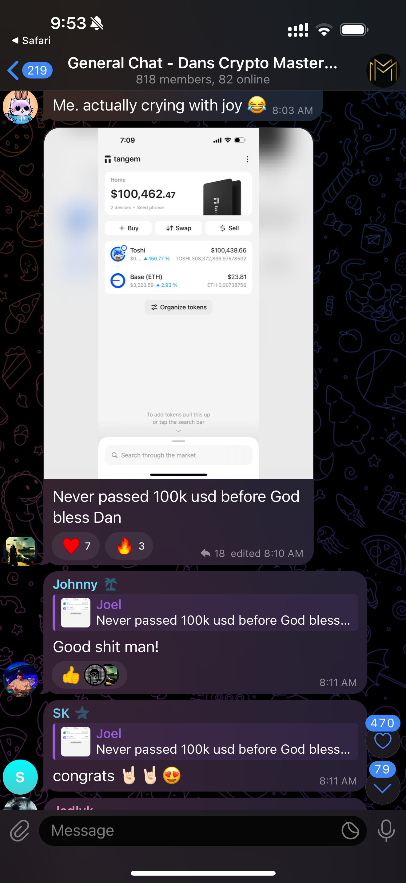 Screenshot of a chat in a cryptocurrency-focused group, showing a mobile app displaying a balance of over $100,000 in digital assets, with a message expressing joy about reaching this milestone.