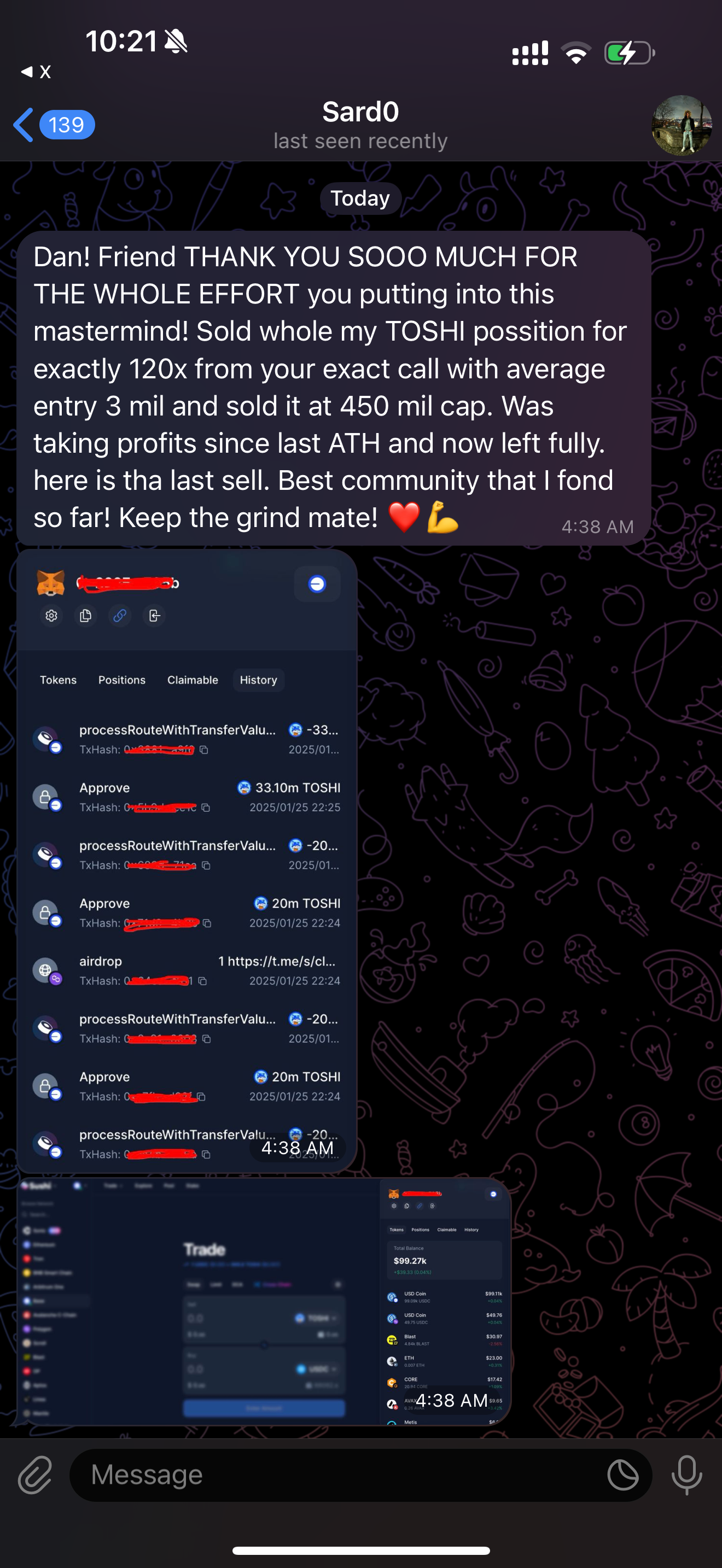 Screenshots of cryptocurrency trading activity and a message expressing gratitude for assistance in a trading community.
